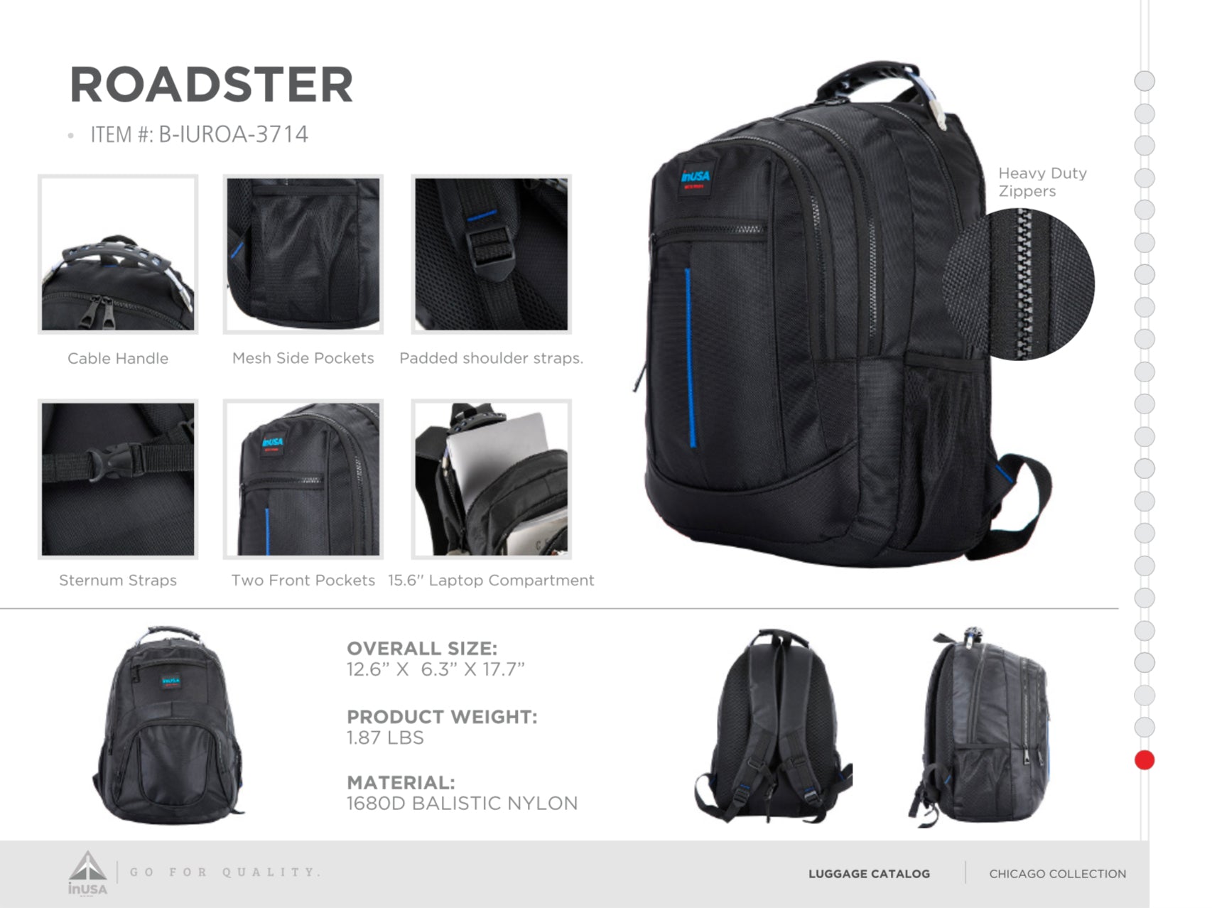 Black backpack with features and specifications on a white background