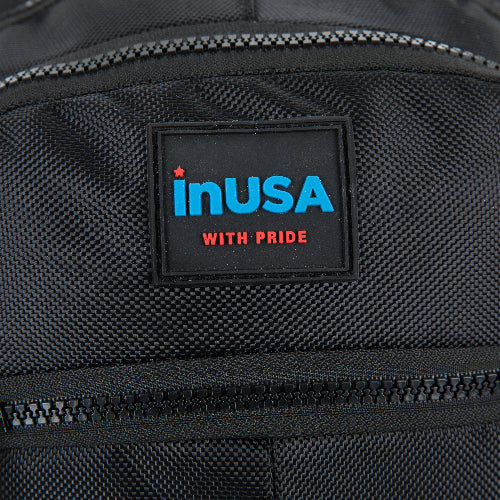 Black backpack with 'inUSA with Pride' label