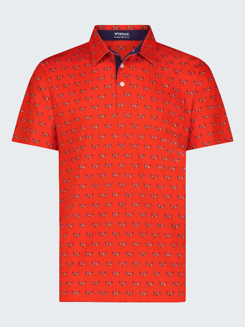 Red patterned polo shirt on a white background