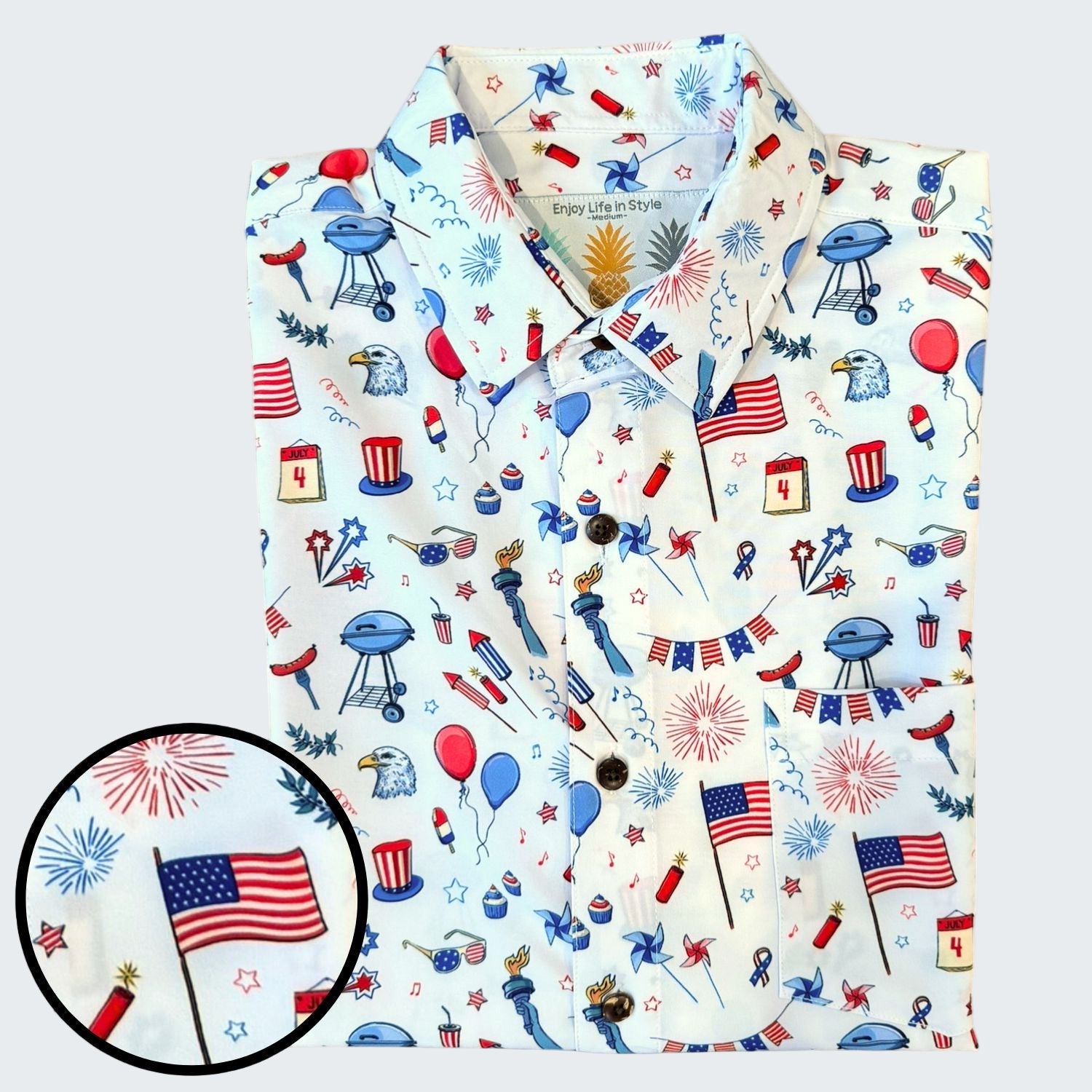 Colorful patterned shirt with American flag and patriotic design on a white background