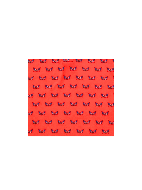 Red fabric with butterfly pattern on a white background