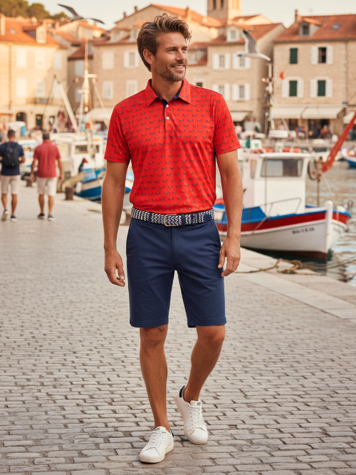 Man in a red polo shirt and blue shorts standing on a cobblestone street with boats and buildings in the background.