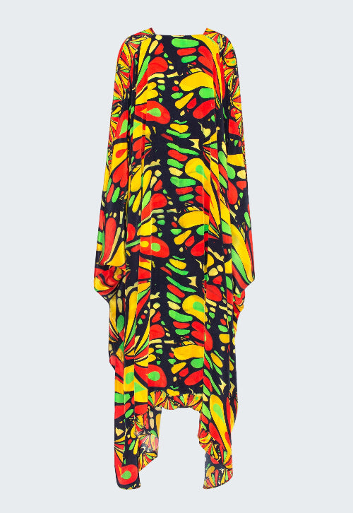 Colorful patterned dress with a black background