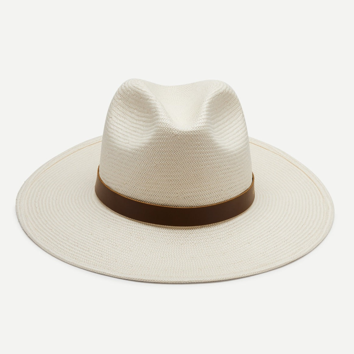 White straw hat with a brown band on a white background