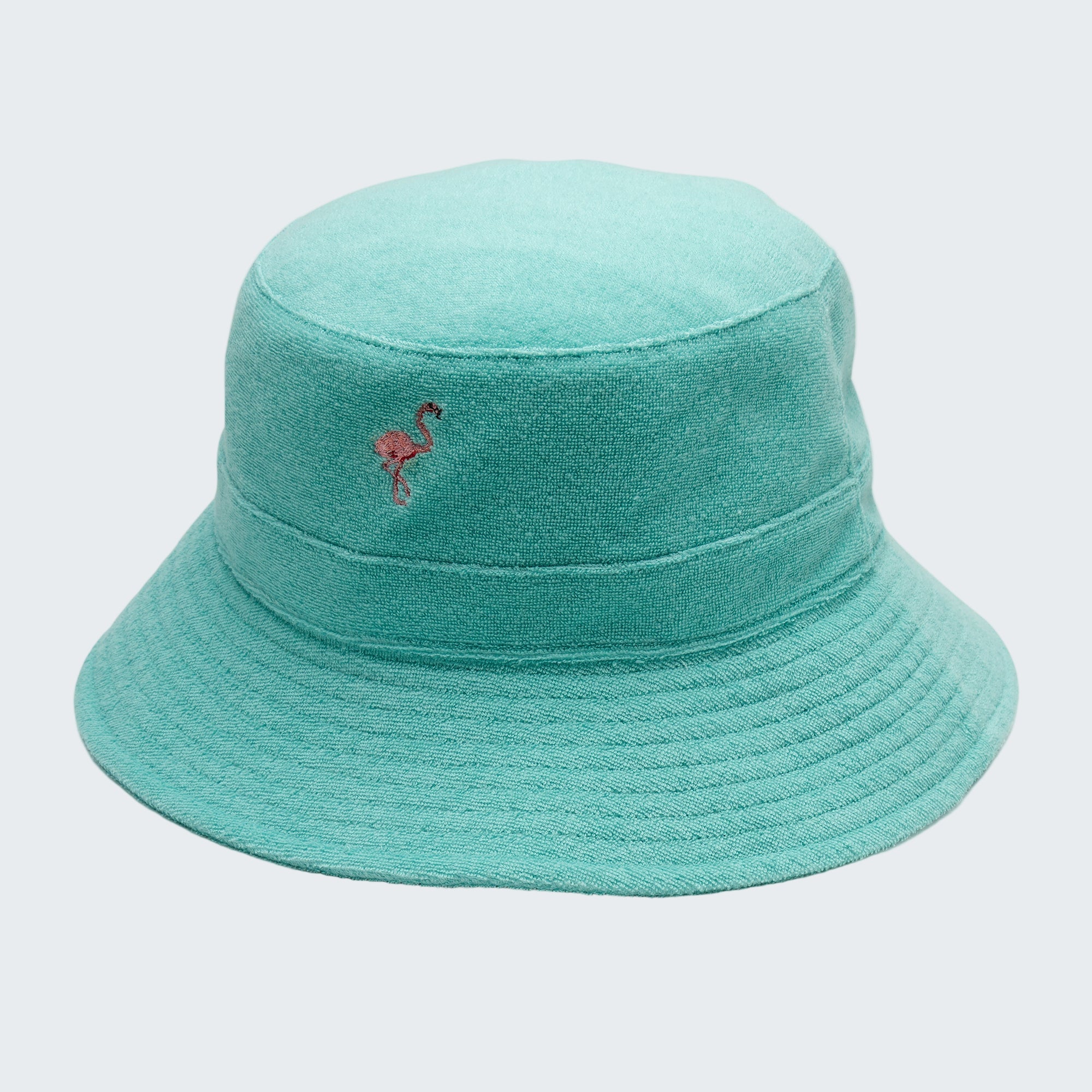 Teal bucket hat with a flamingo emblem on a light gray background