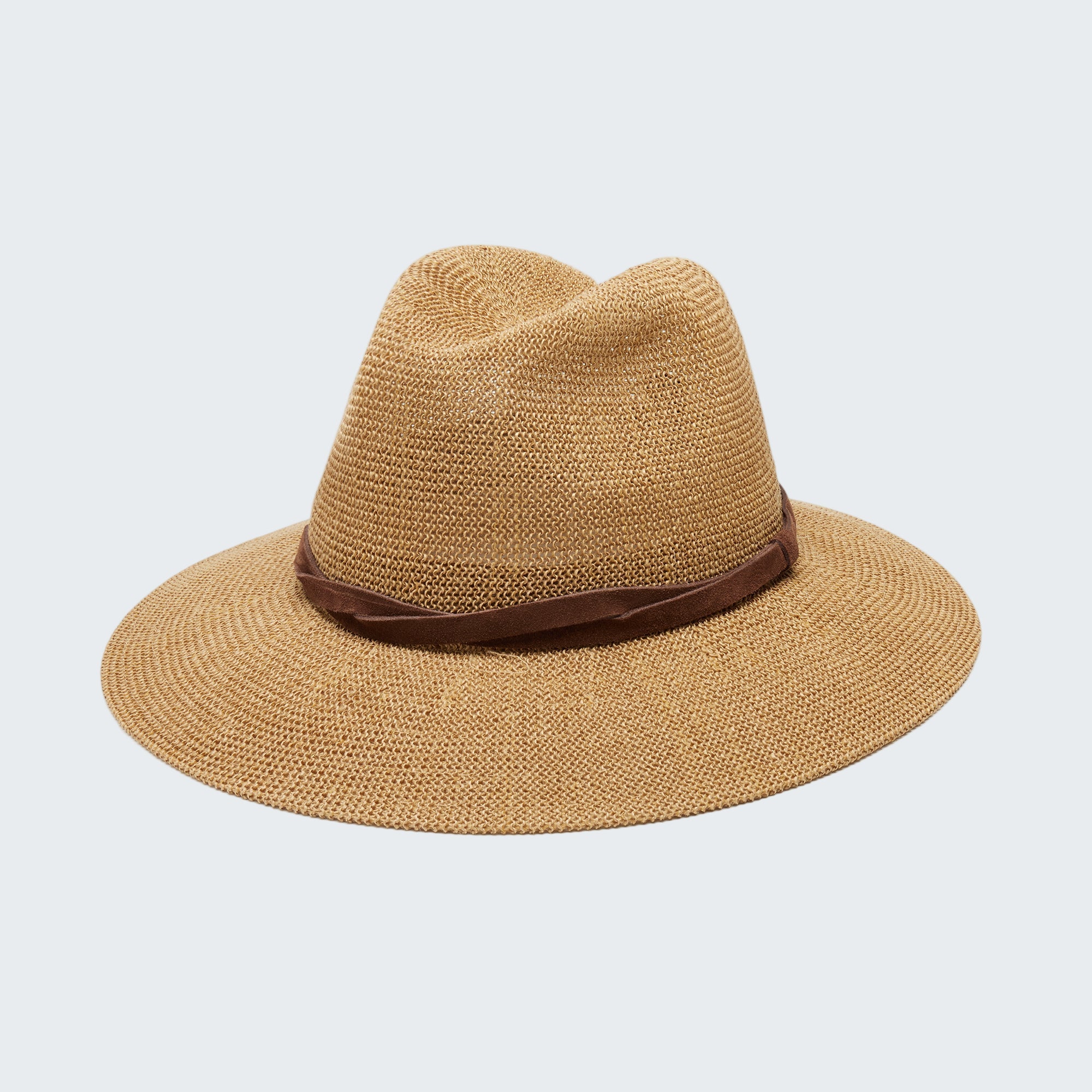 Beige straw hat with a brown band on a white background