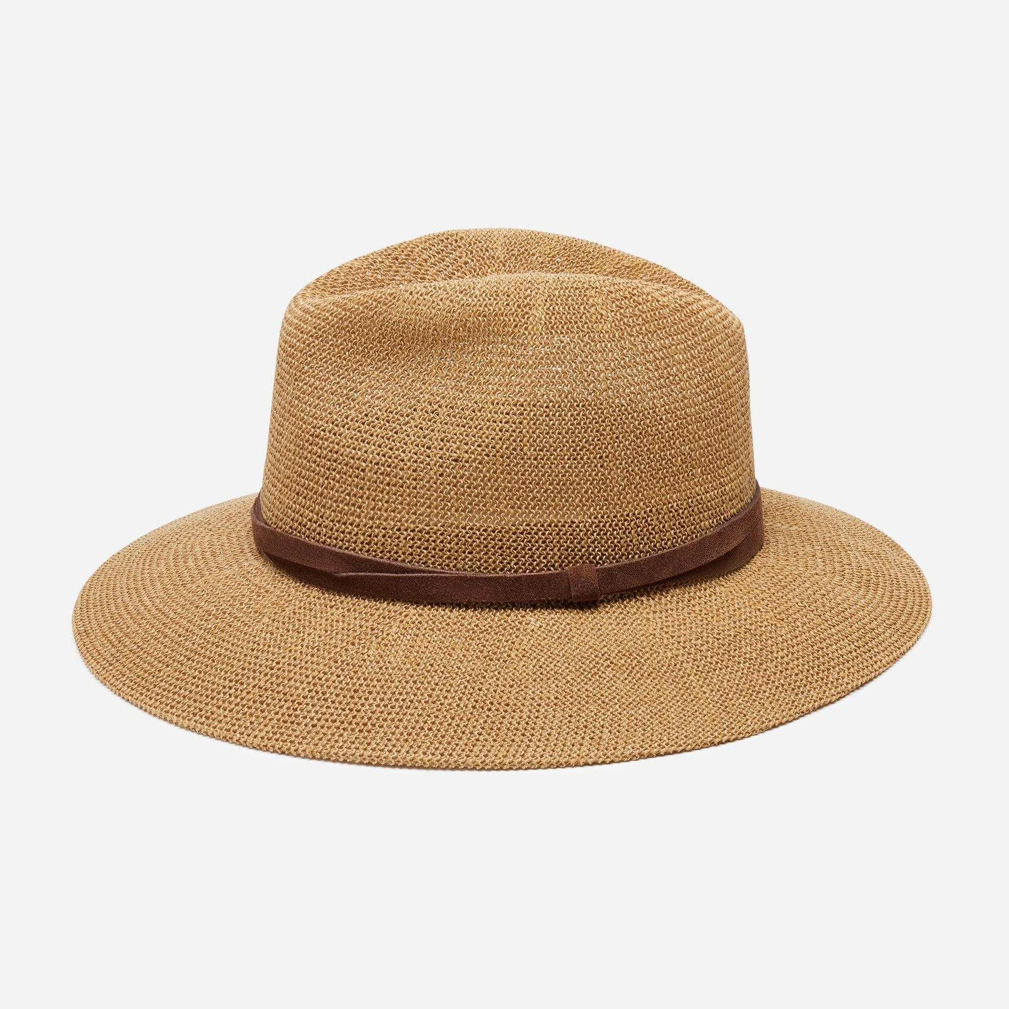 Beige straw hat with a brown band on a white background