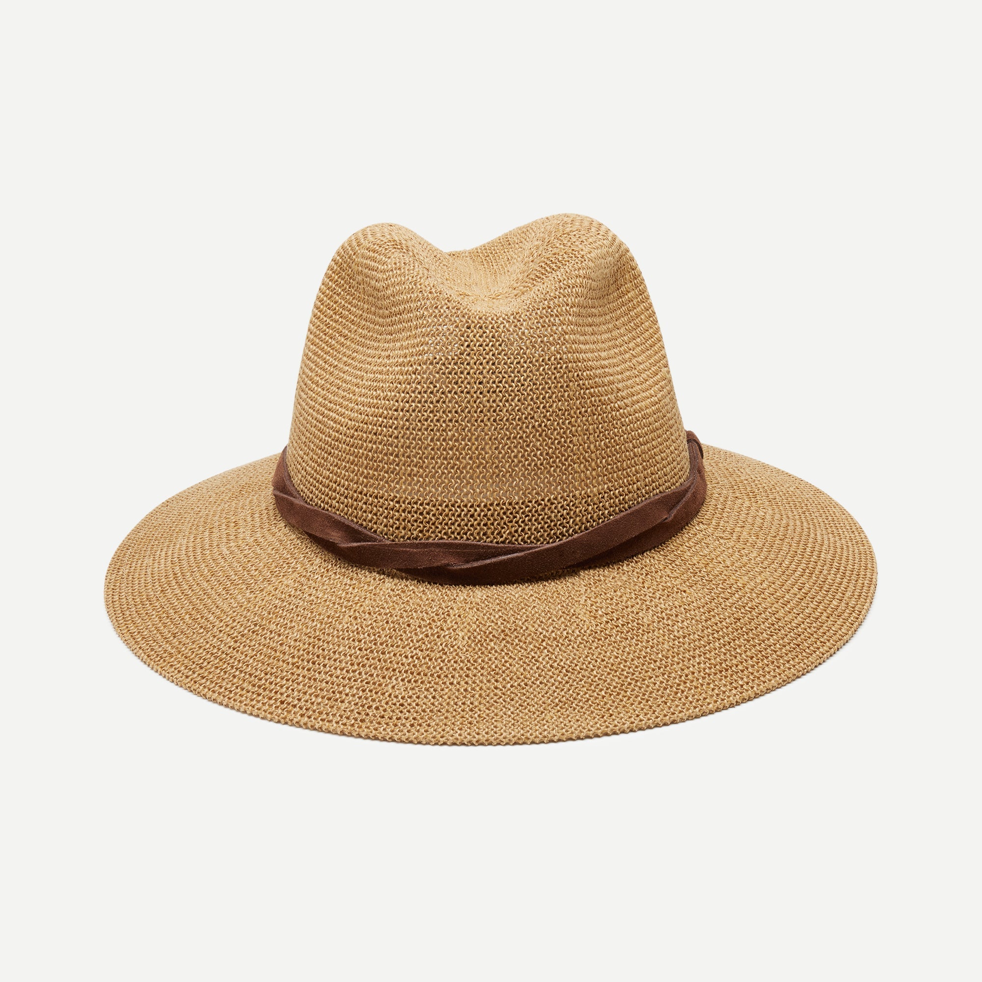 Beige straw hat with a brown band on a light gray background