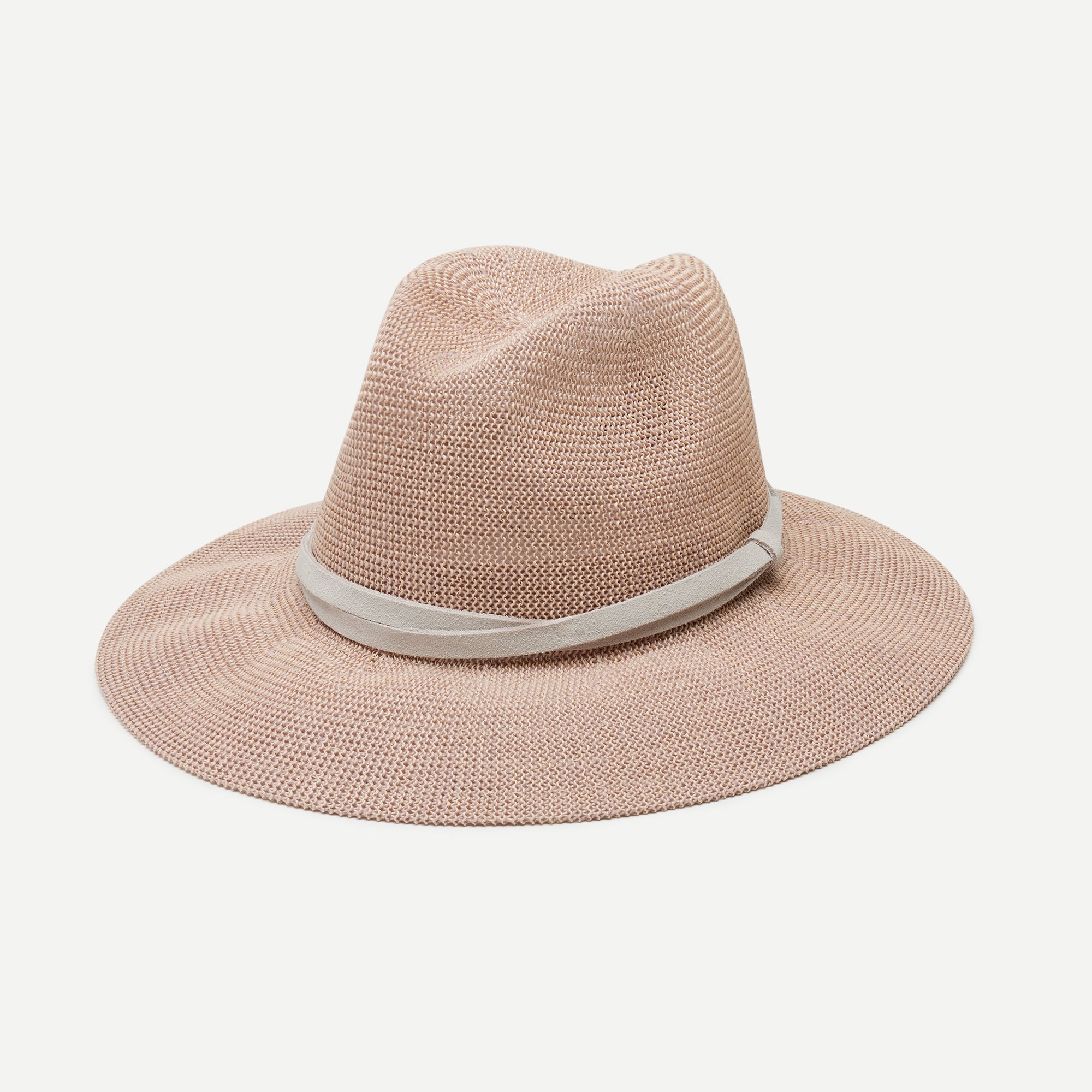 Beige straw hat with a light band on a white background