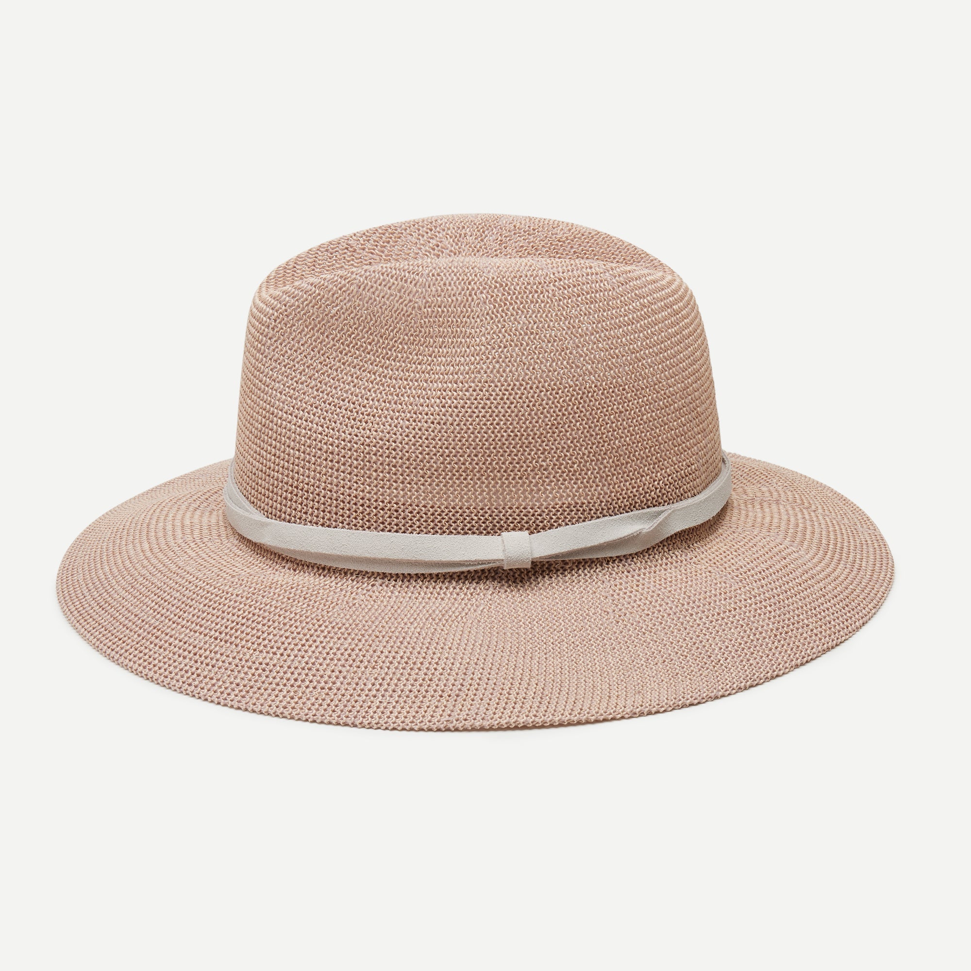 Beige straw hat with a white band on a white background