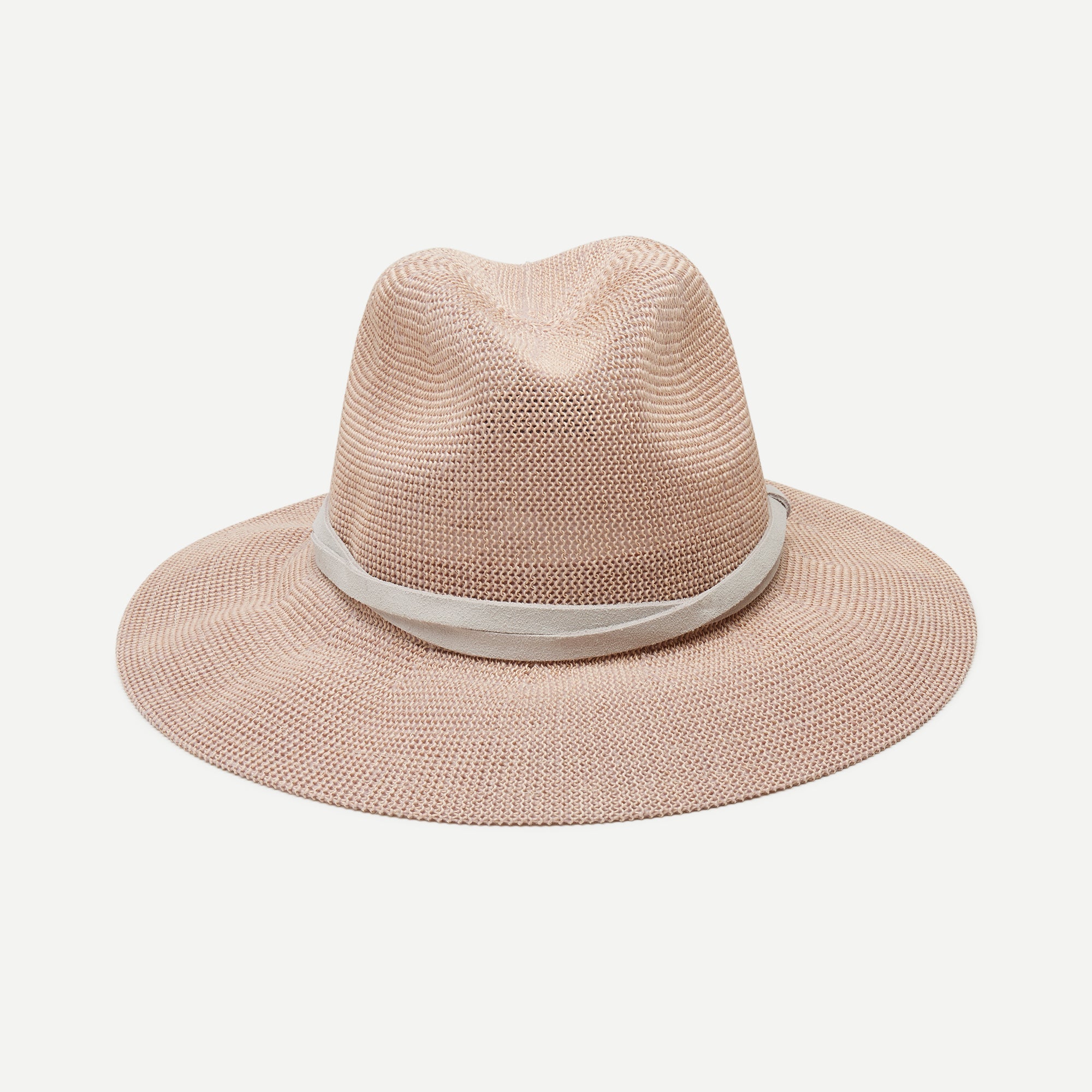 Beige straw hat with a white band on a light gray background