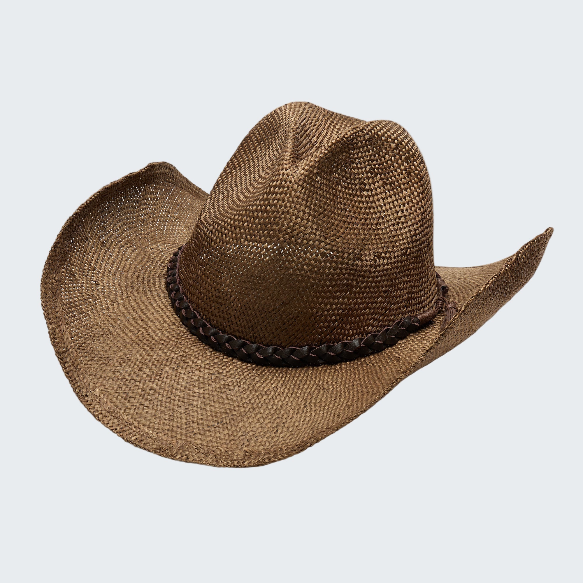 Brown cowboy hat with a braided band on a white background