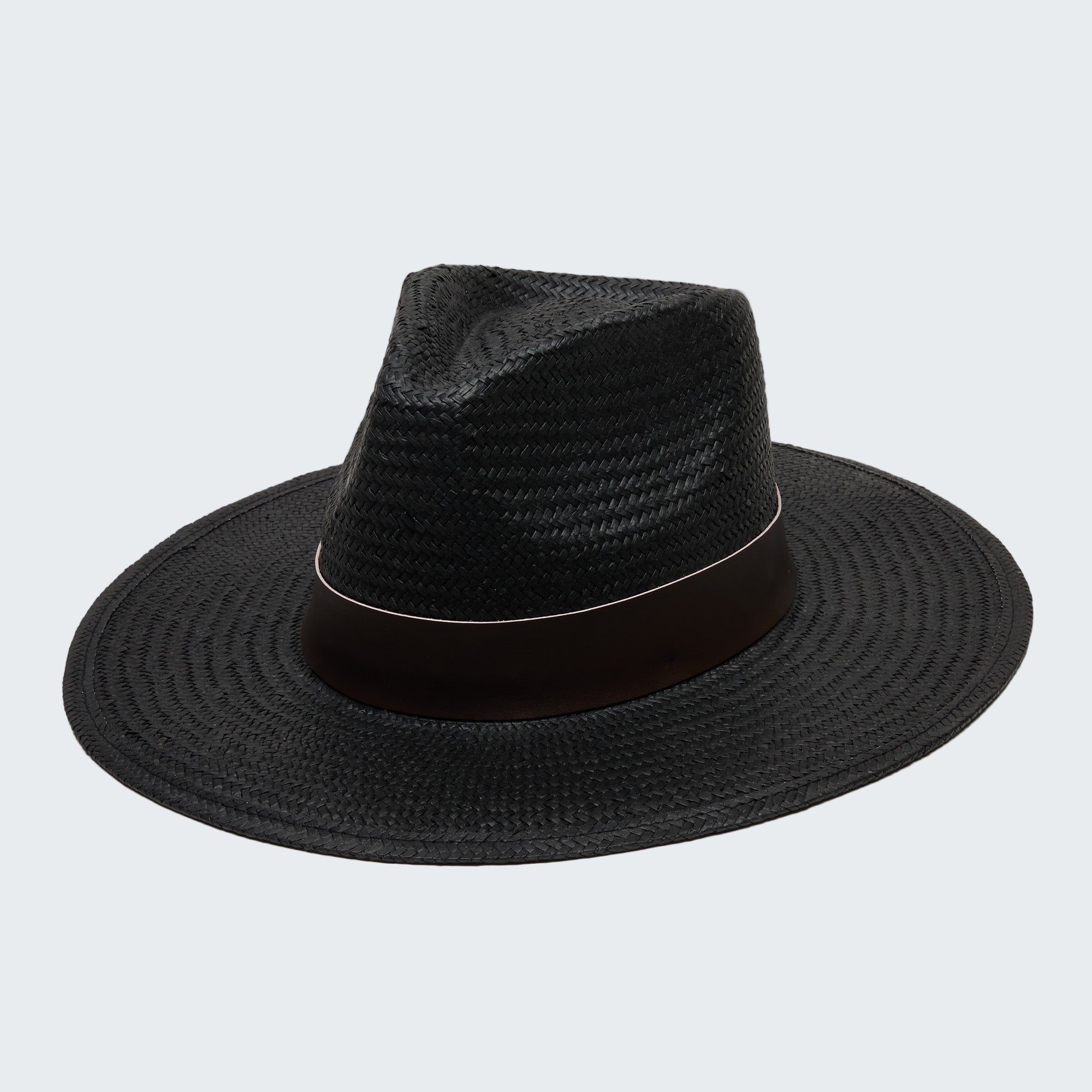 Black straw hat on a light gray background