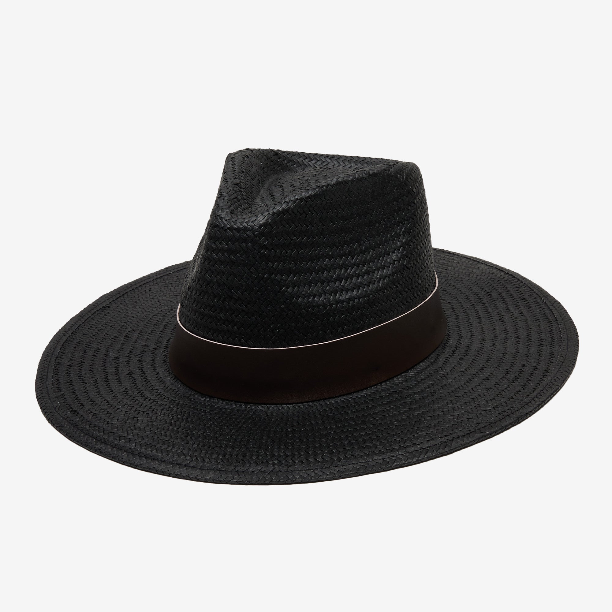 Black straw hat on a light gray background