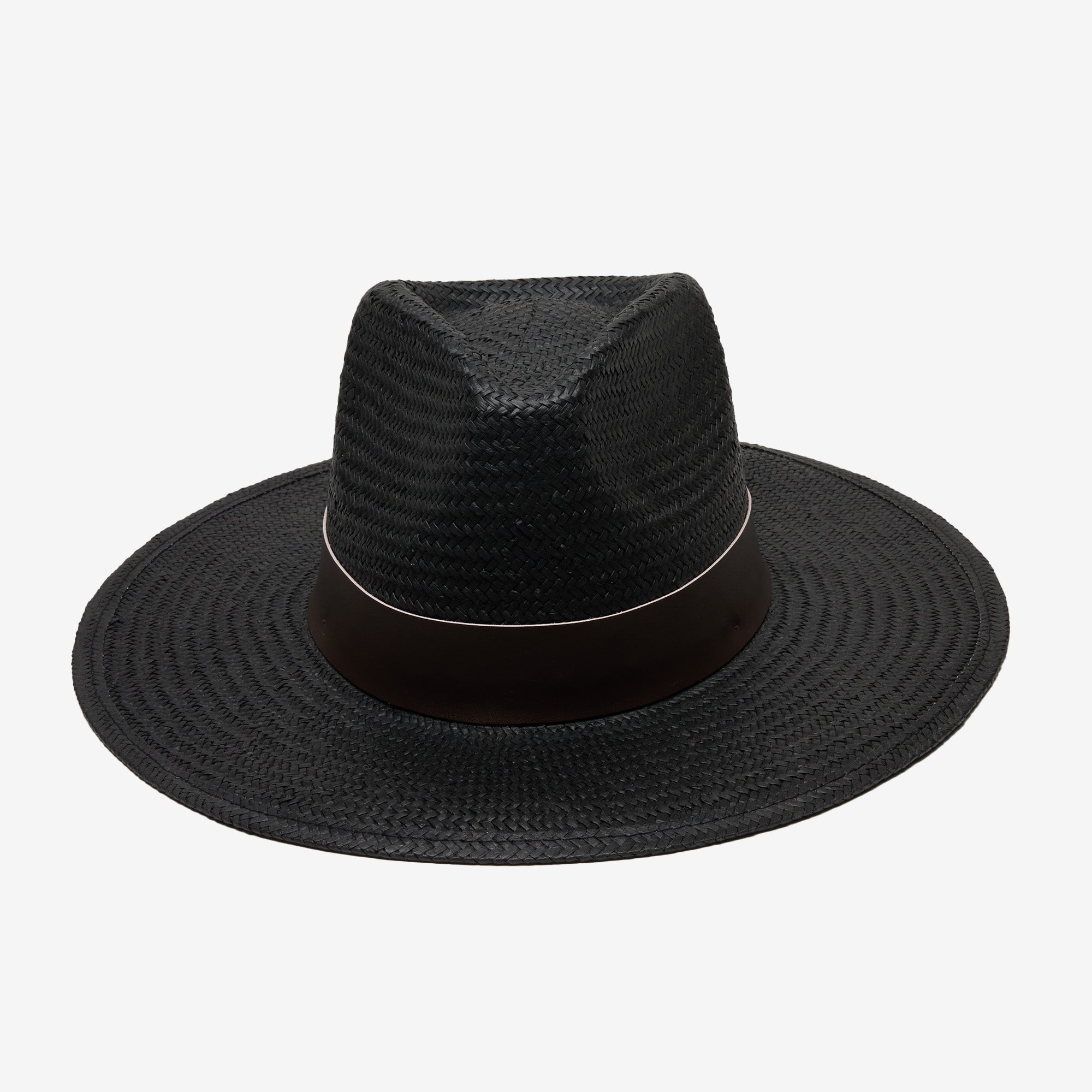 Black straw hat with a wide brim on a white background