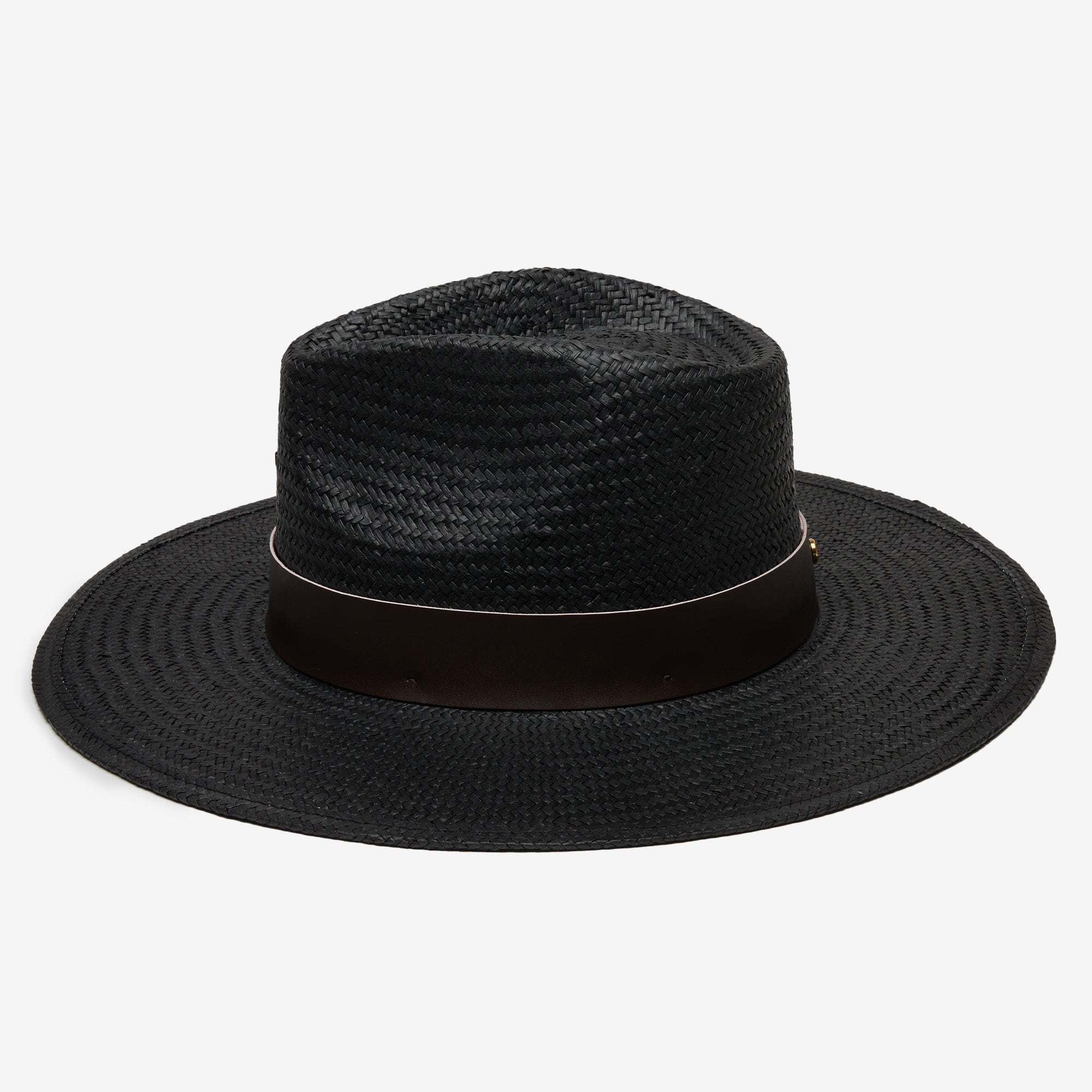 Black straw hat with a wide brim on a white background