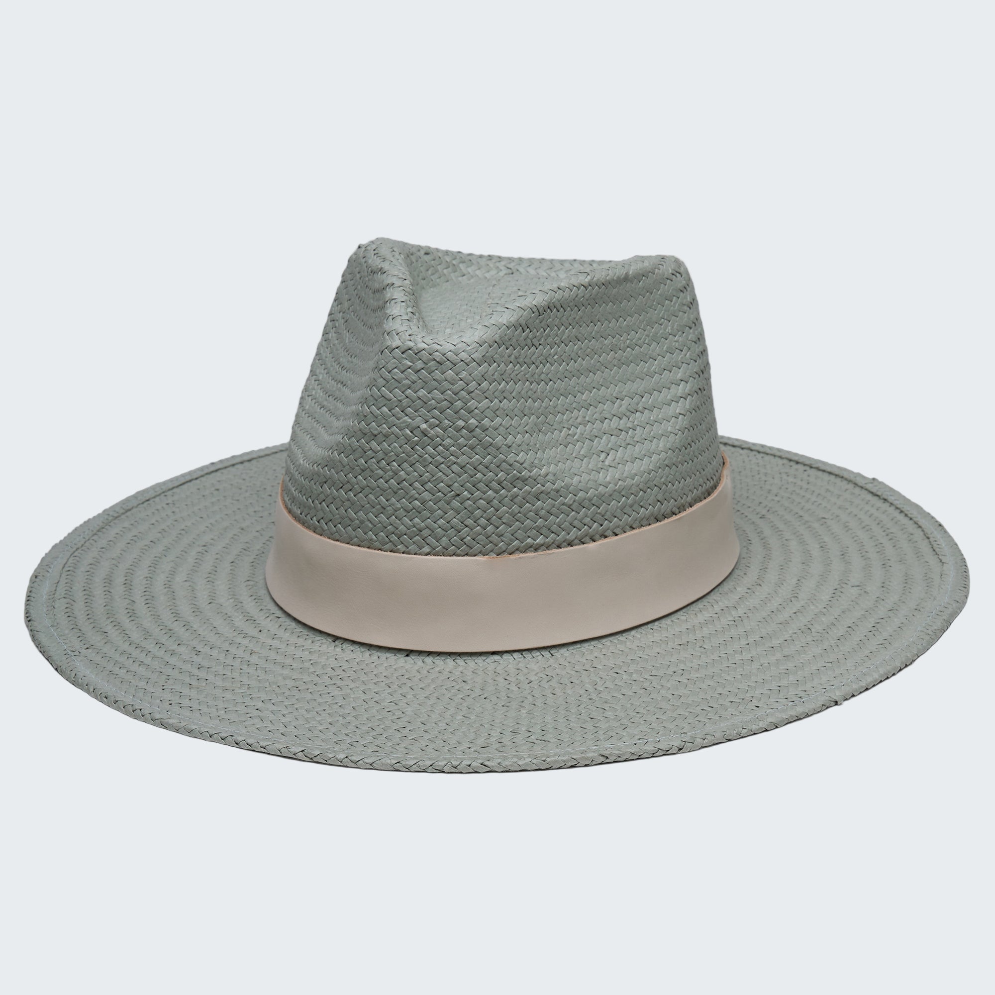 Light blue straw hat with a beige band on a white background