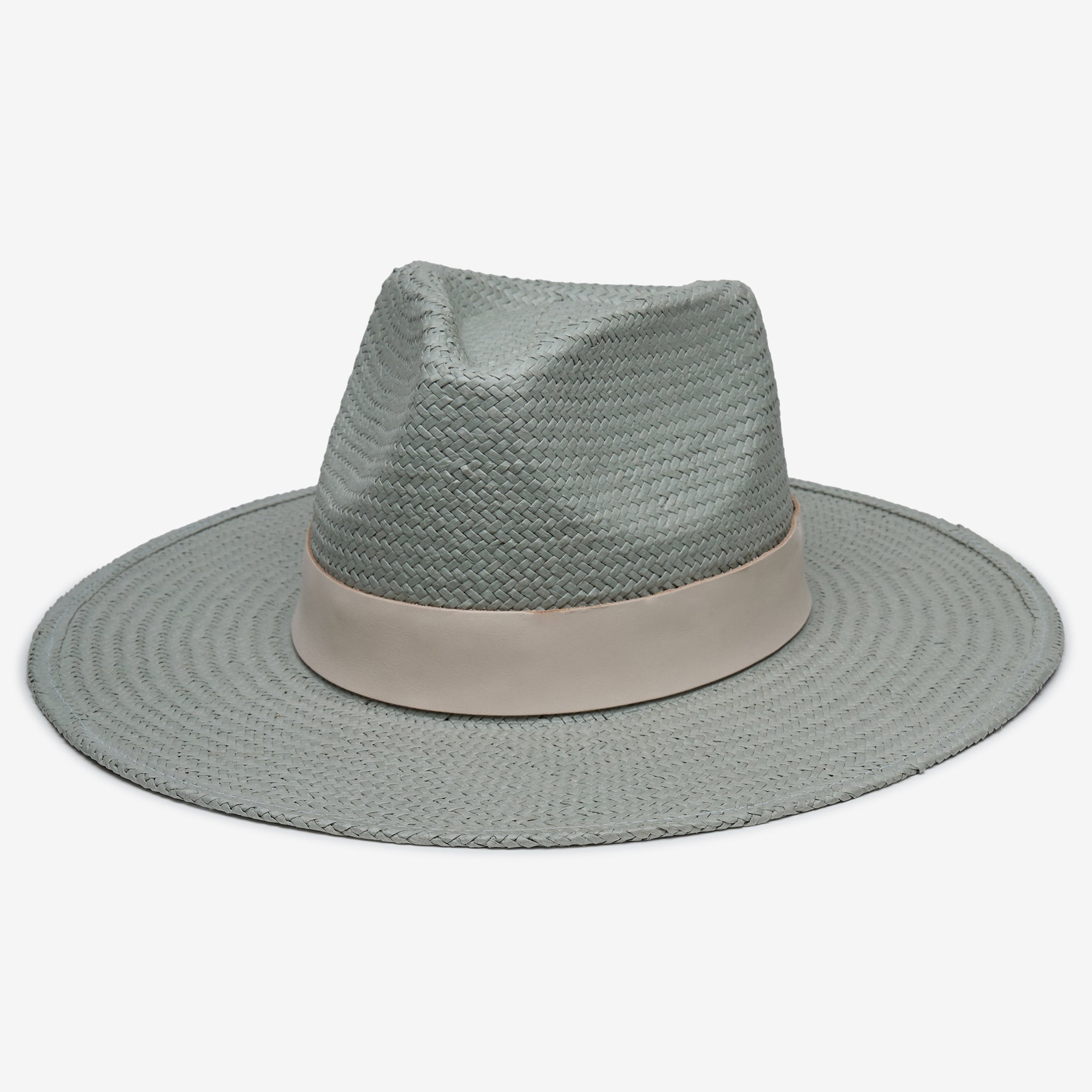 Light blue straw hat with a beige band on a white background