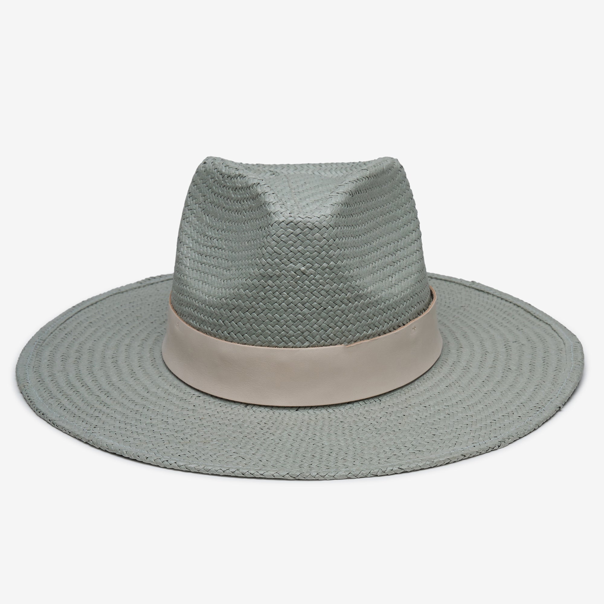 Light blue straw hat with a beige band on a white background