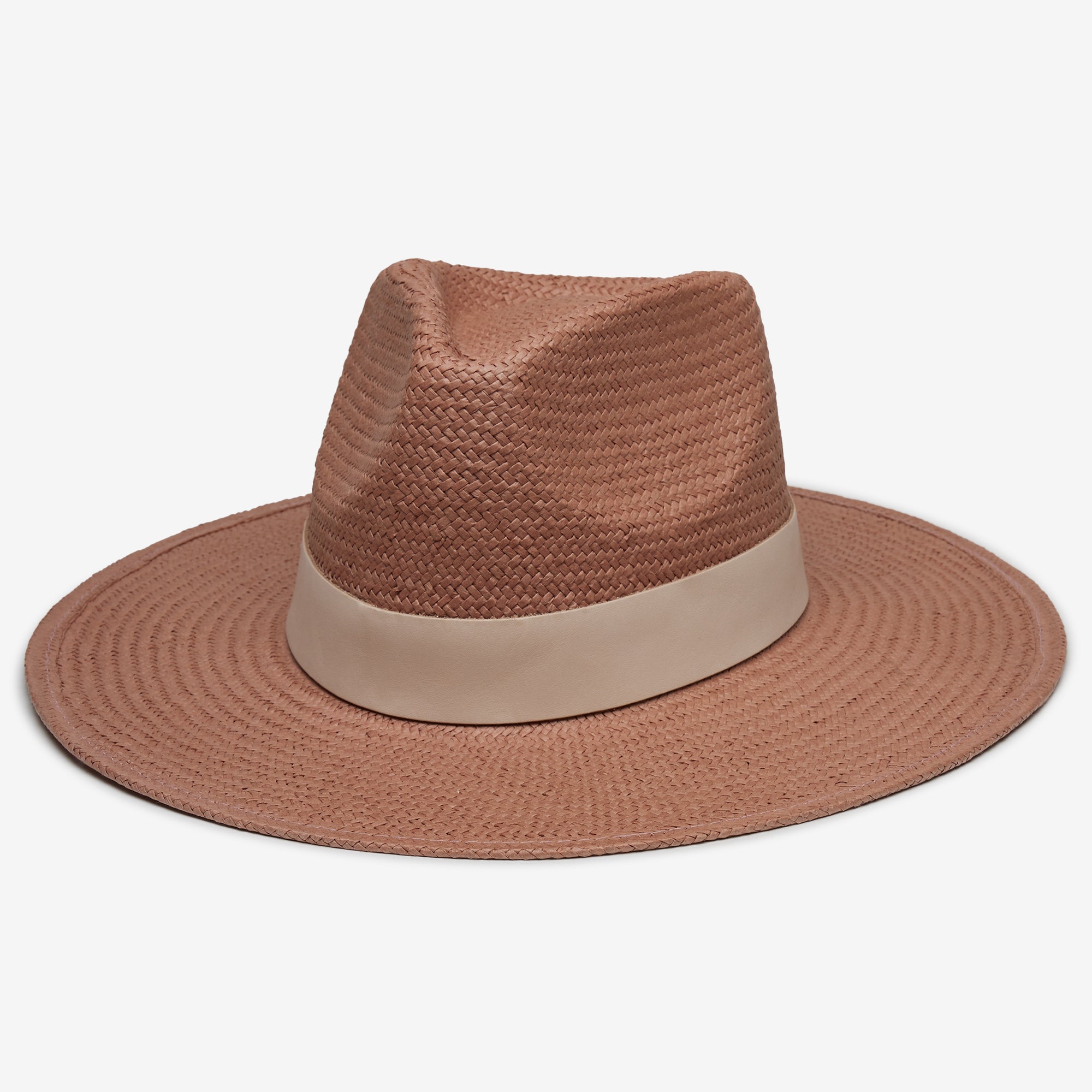 Brown straw hat with a beige band on a white background