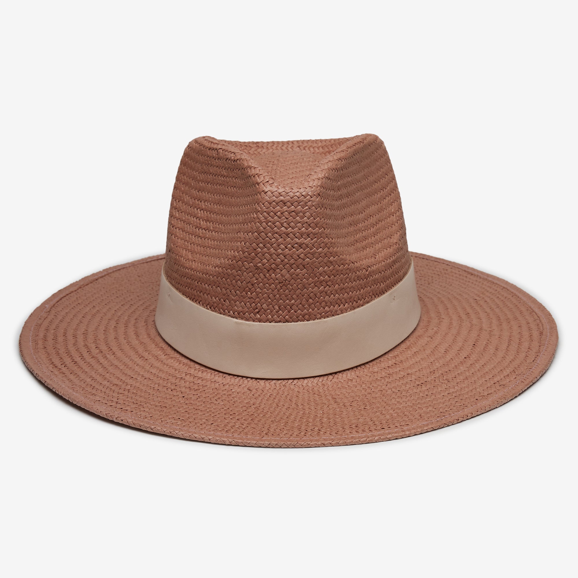 Brown straw hat with a beige band on a white background