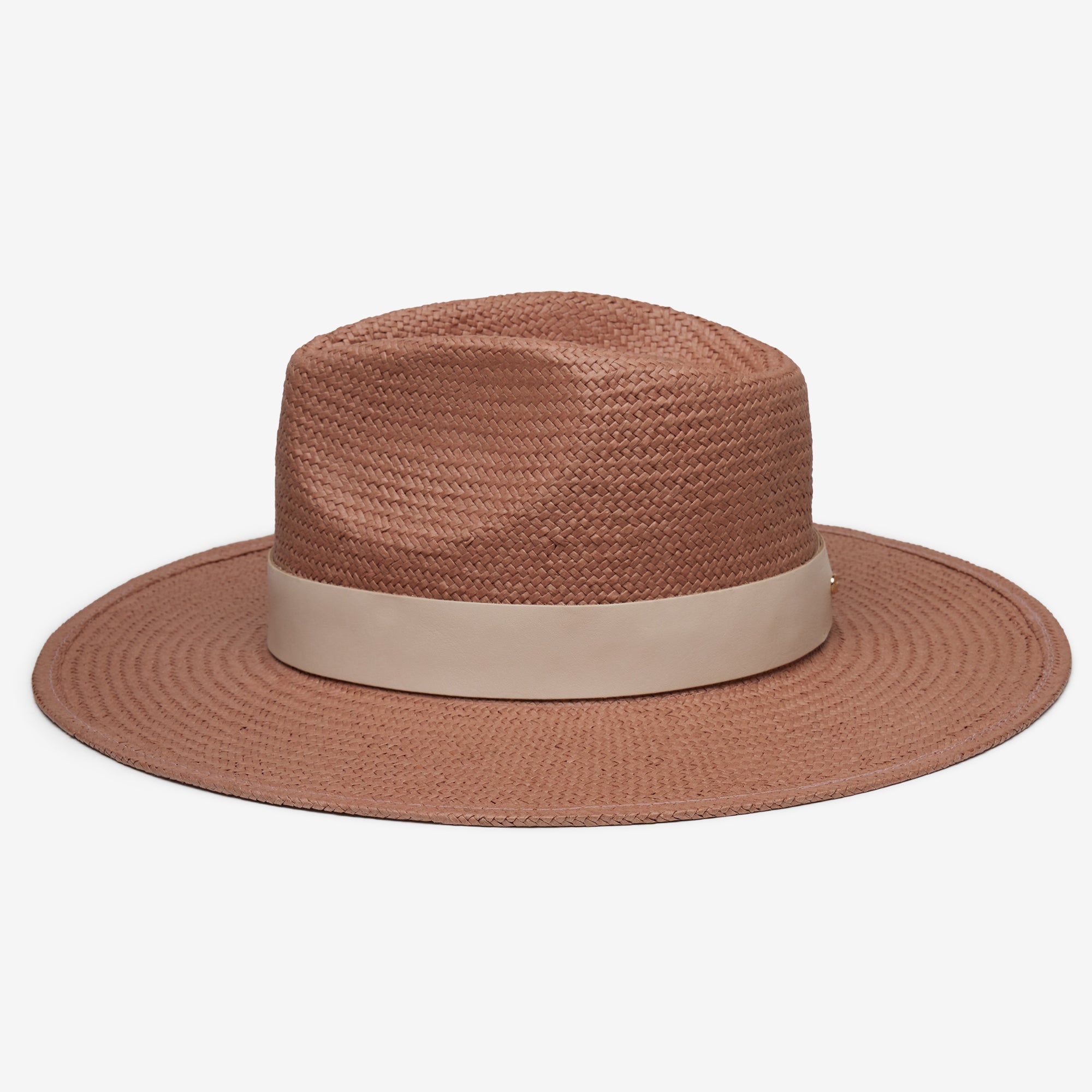 Brown straw hat with a beige band on a white background
