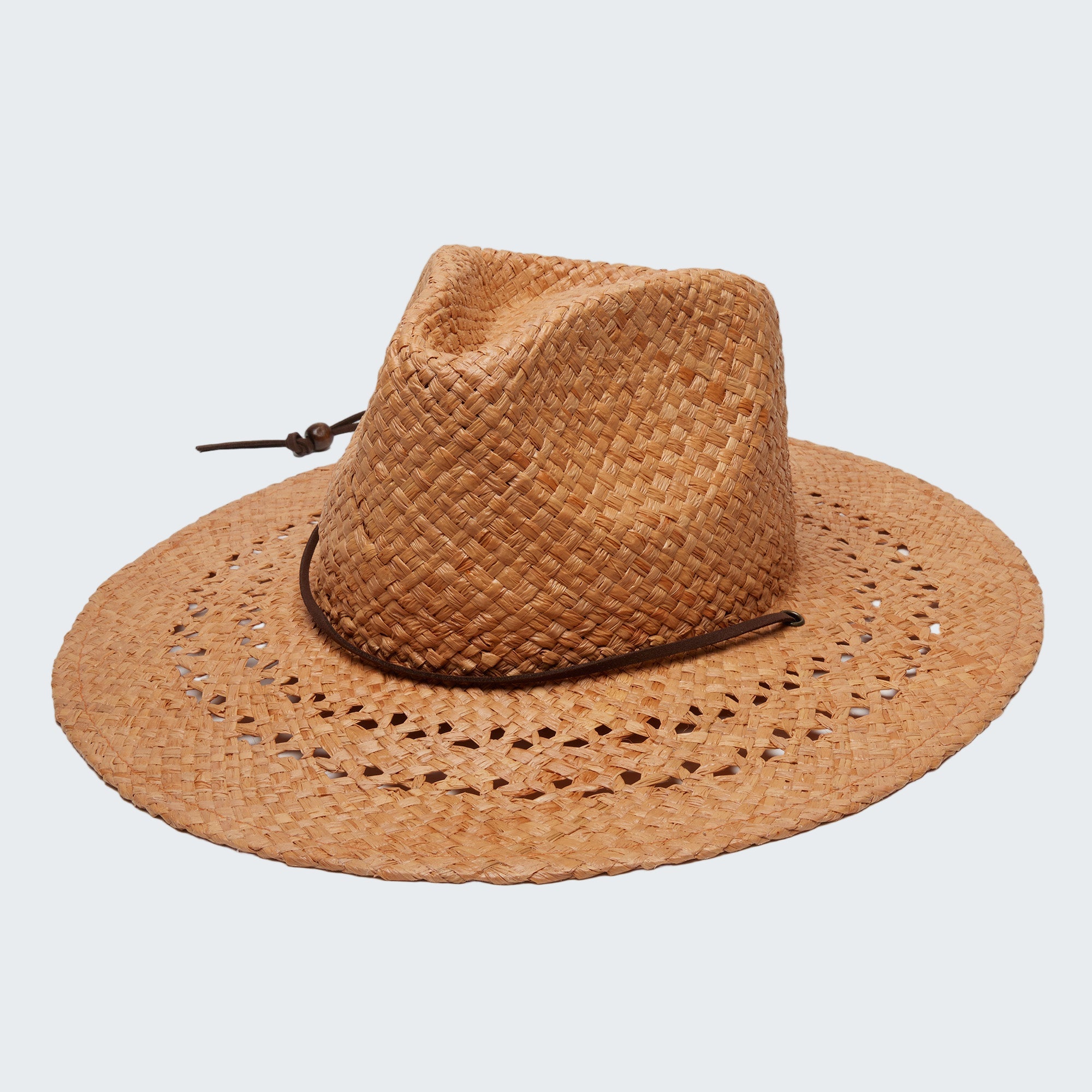 Brown straw hat with a wide brim on a white background