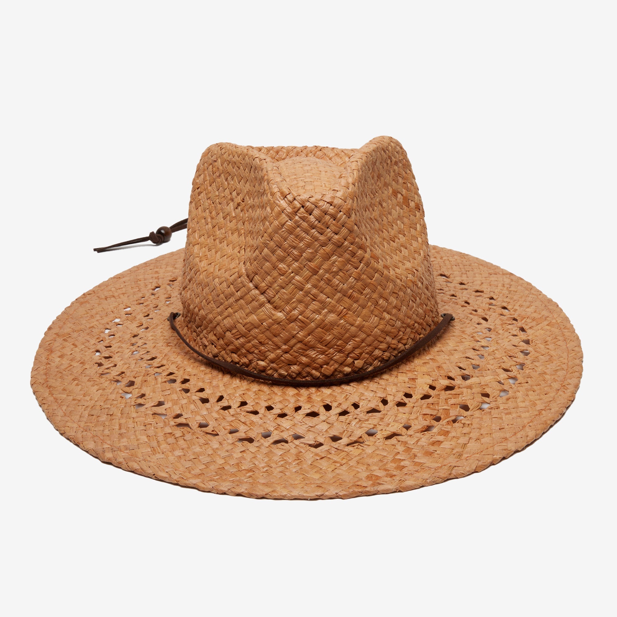 Brown straw hat with wide brim on a white background