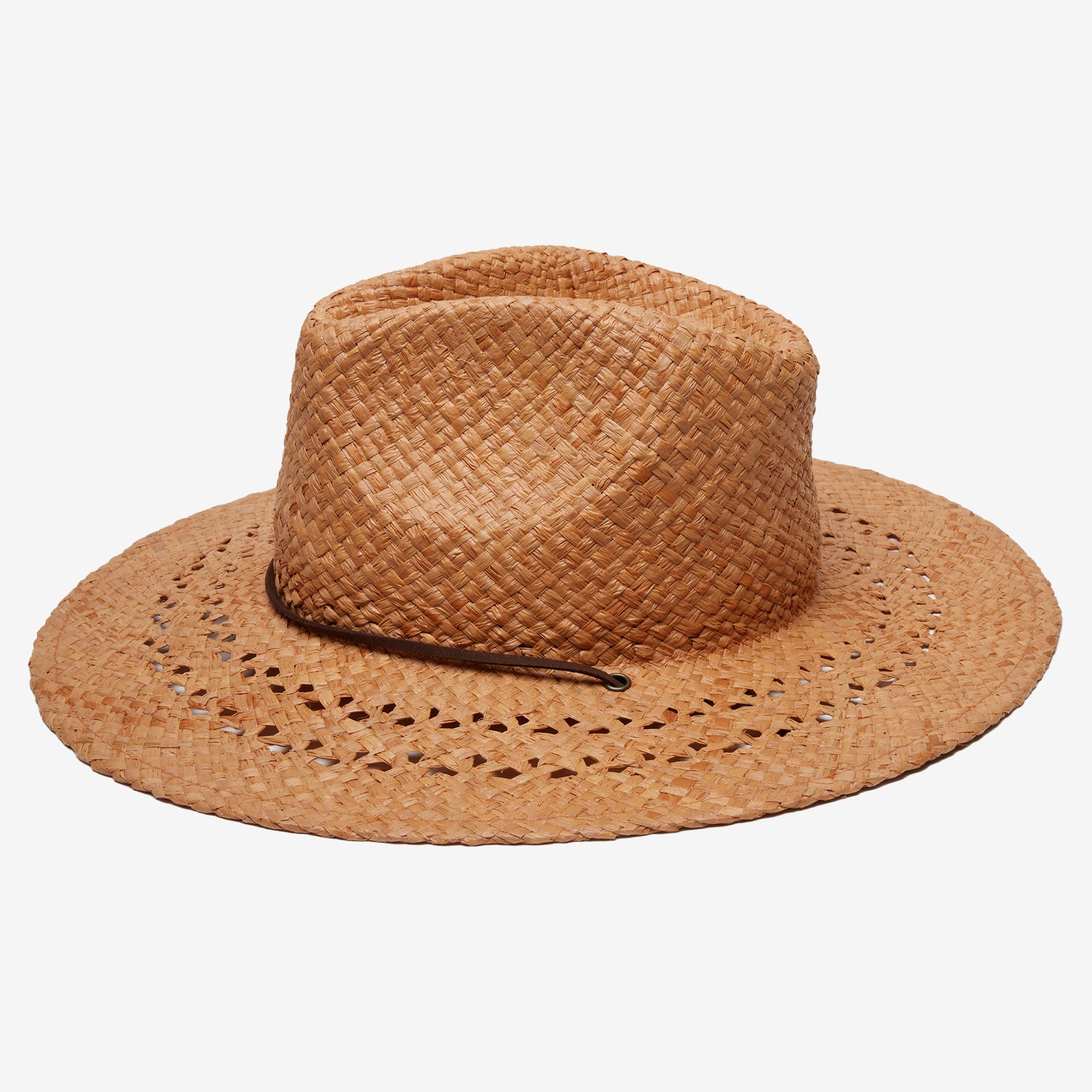 Brown straw hat with a wide brim on a white background