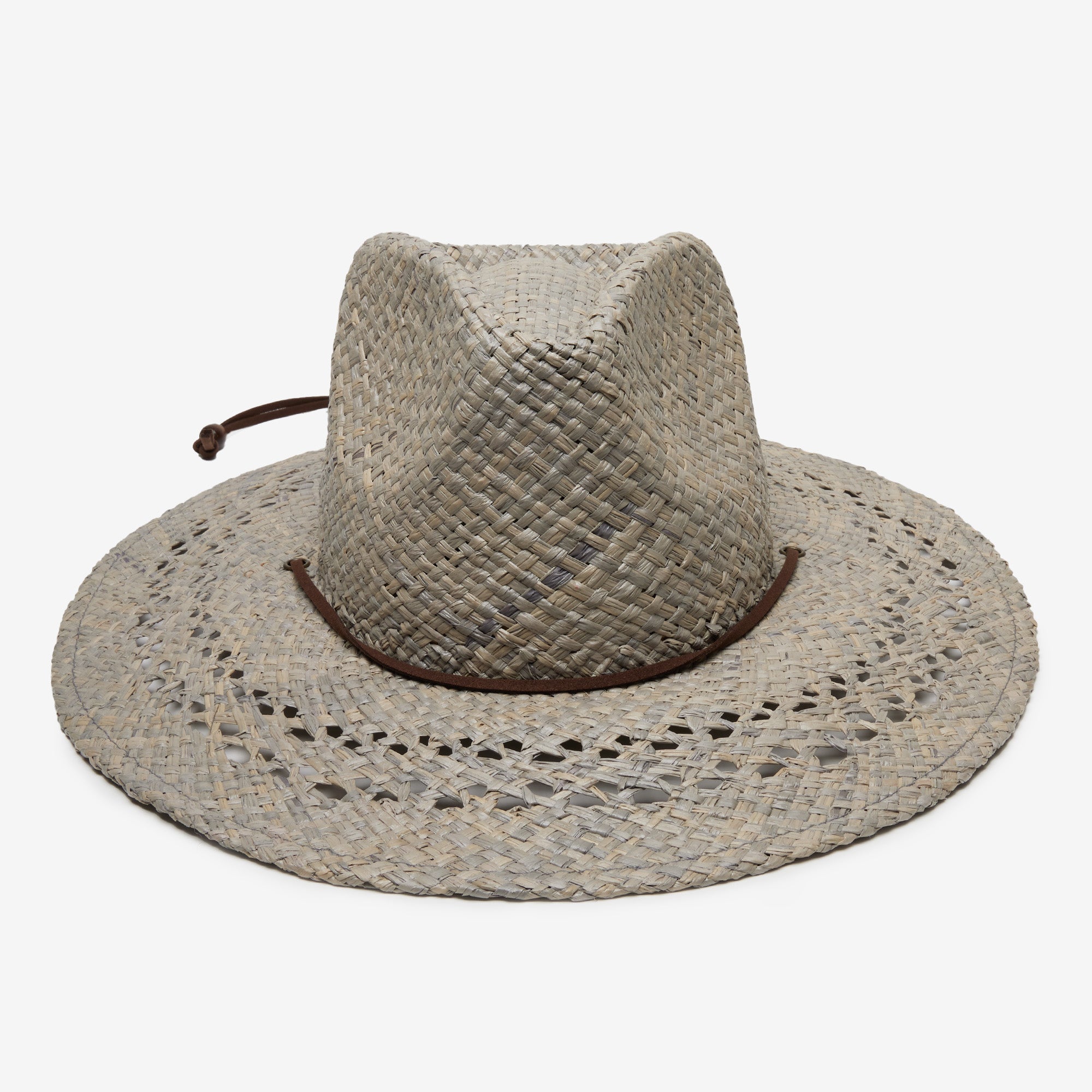 Woven straw hat with a wide brim on a white background