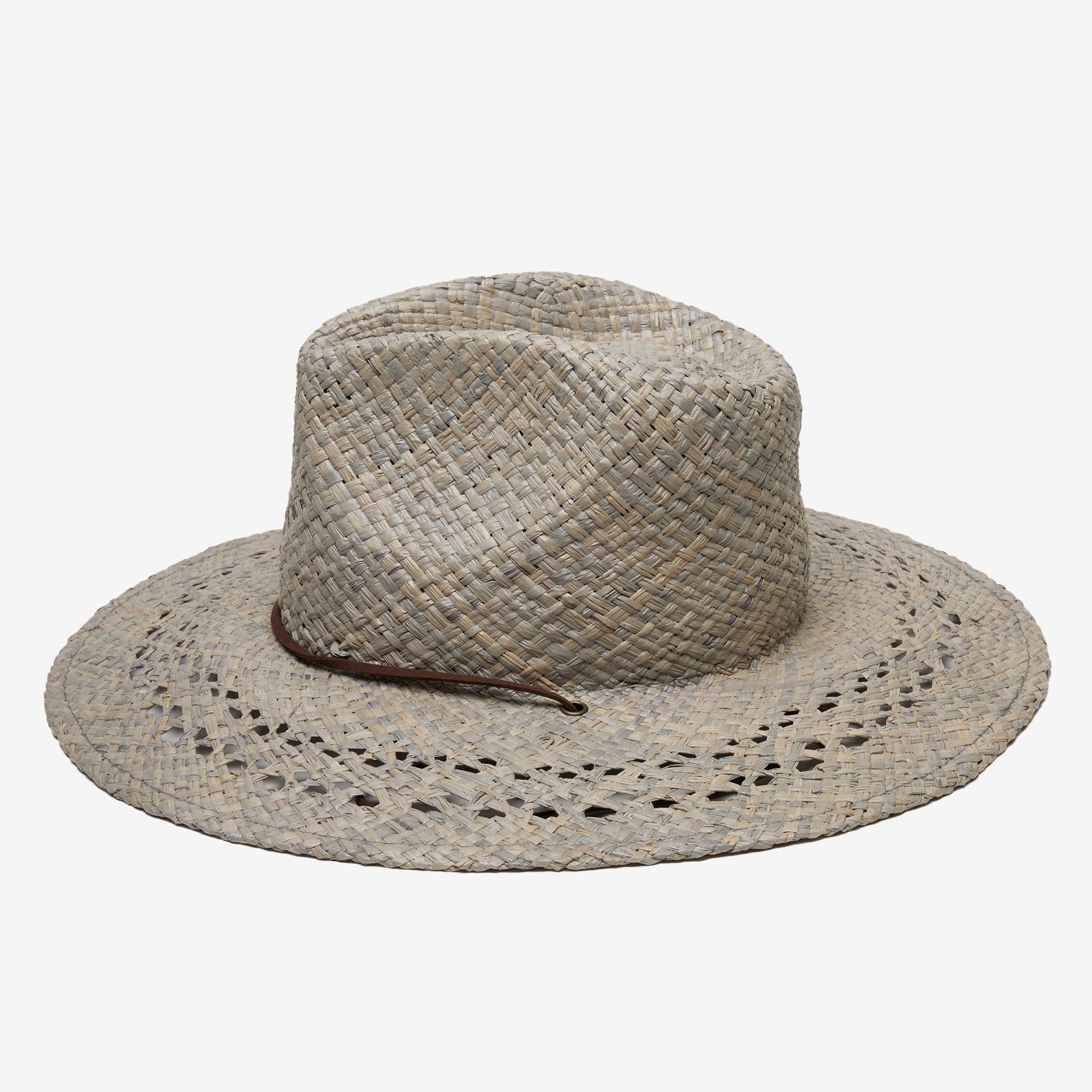 Woven straw hat with a wide brim on a white background