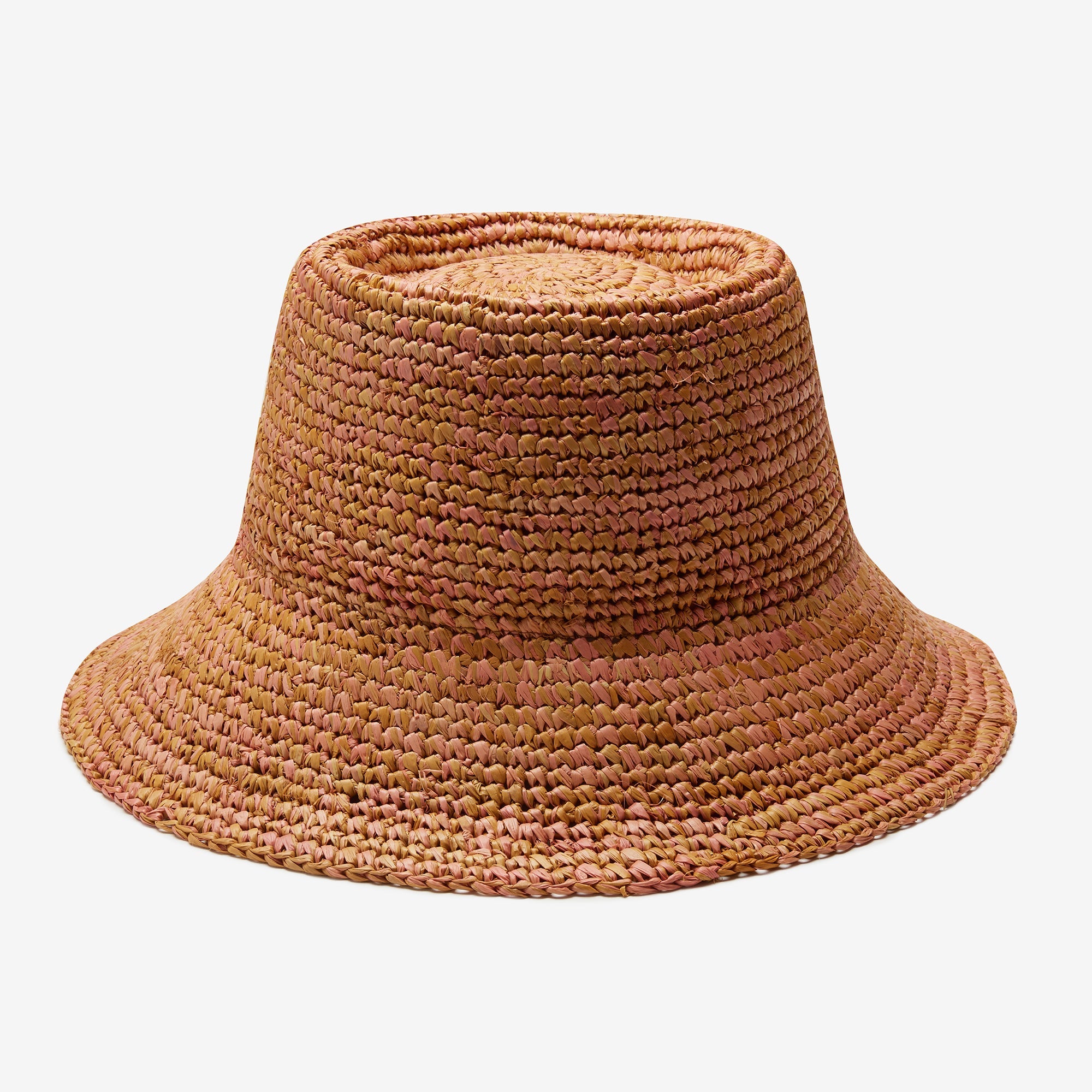 Brown woven bucket hat on a white background