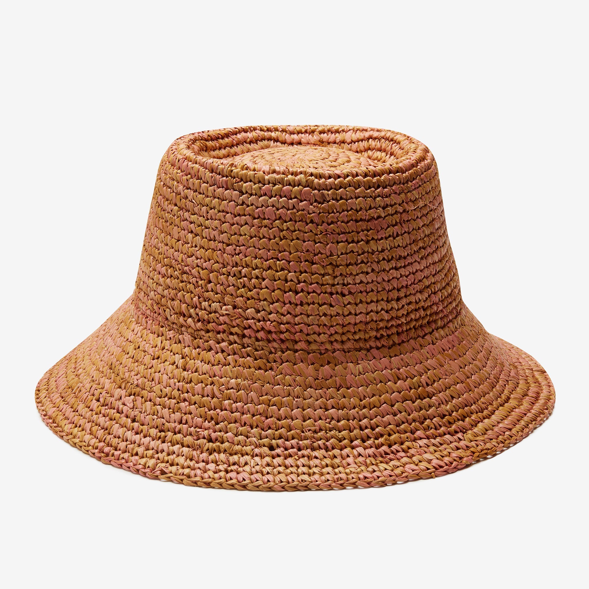 Brown woven bucket hat on a white background