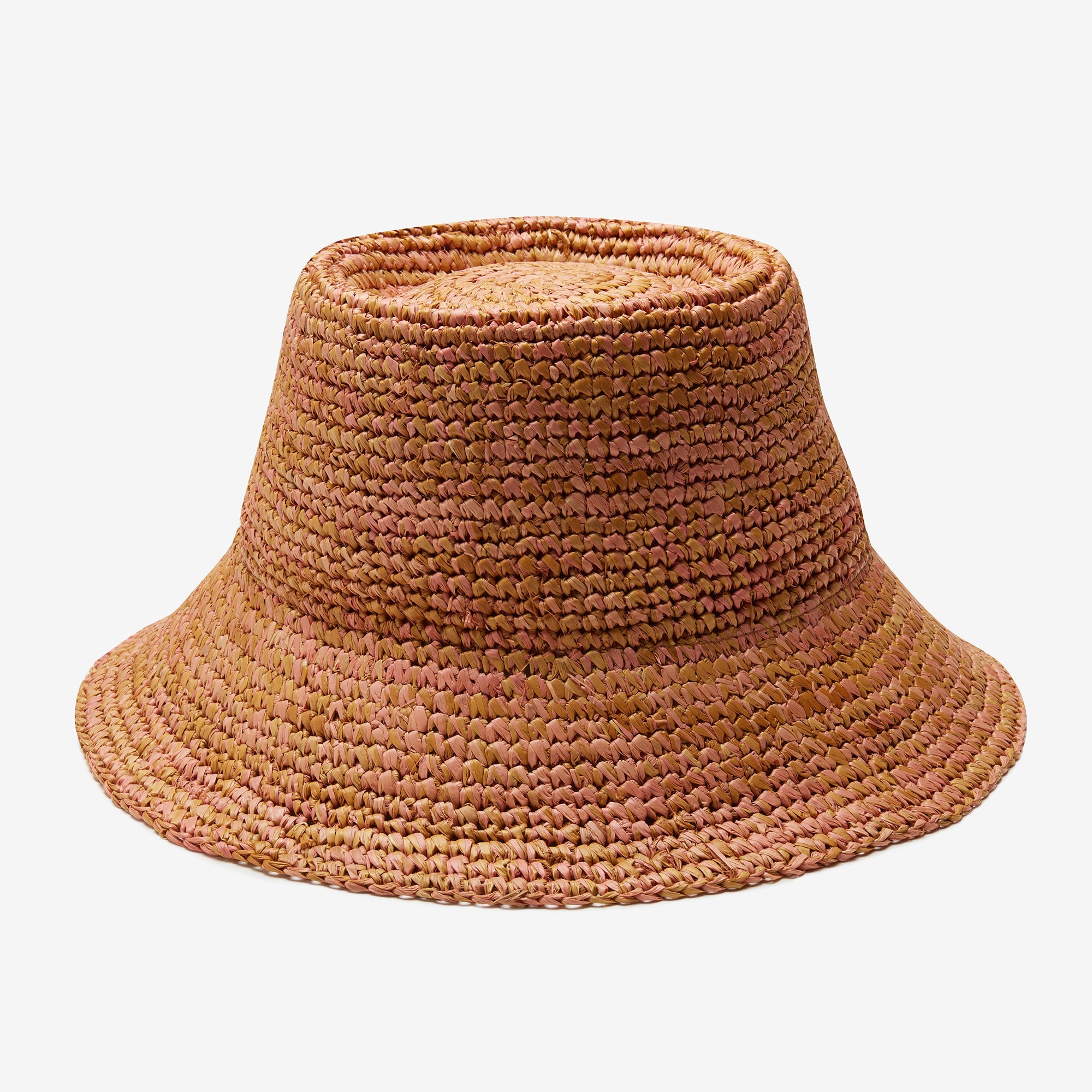 Brown woven bucket hat on a white background