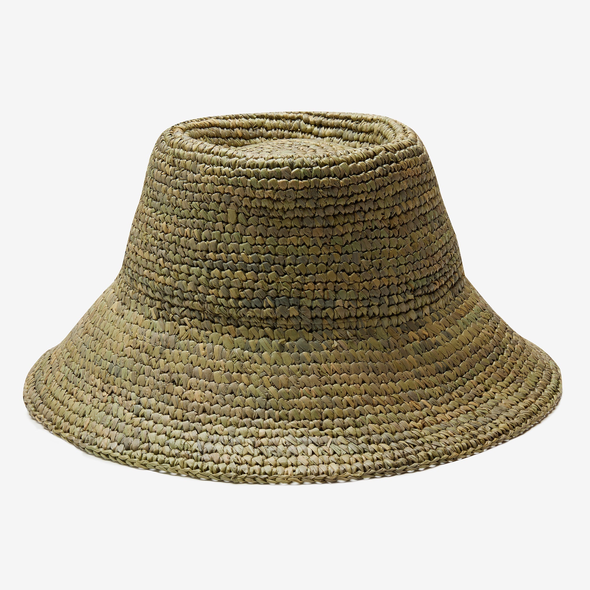 Woven green bucket hat on a white background