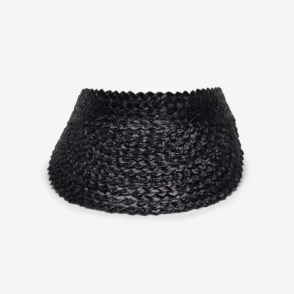 Black woven basket on a white background