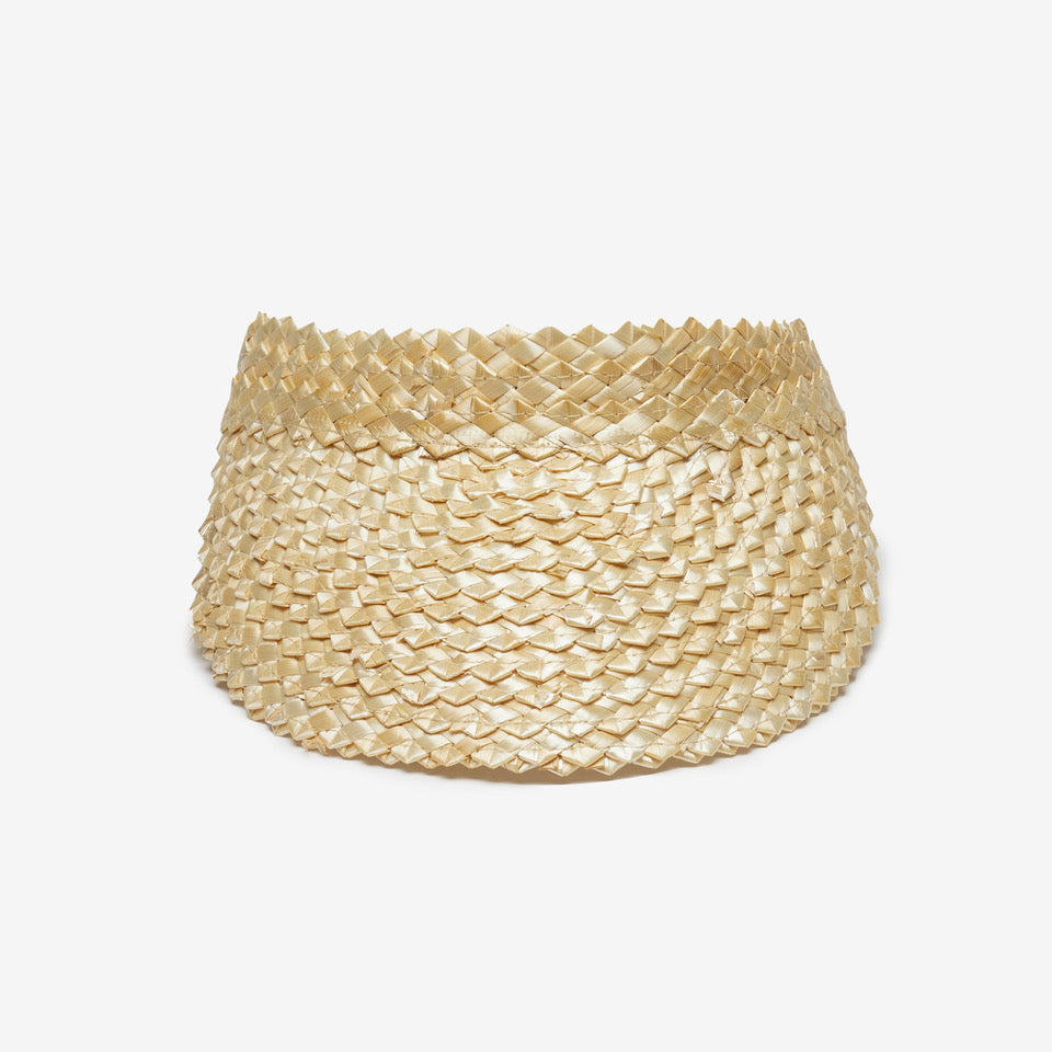 Beige woven visor hat on a white background