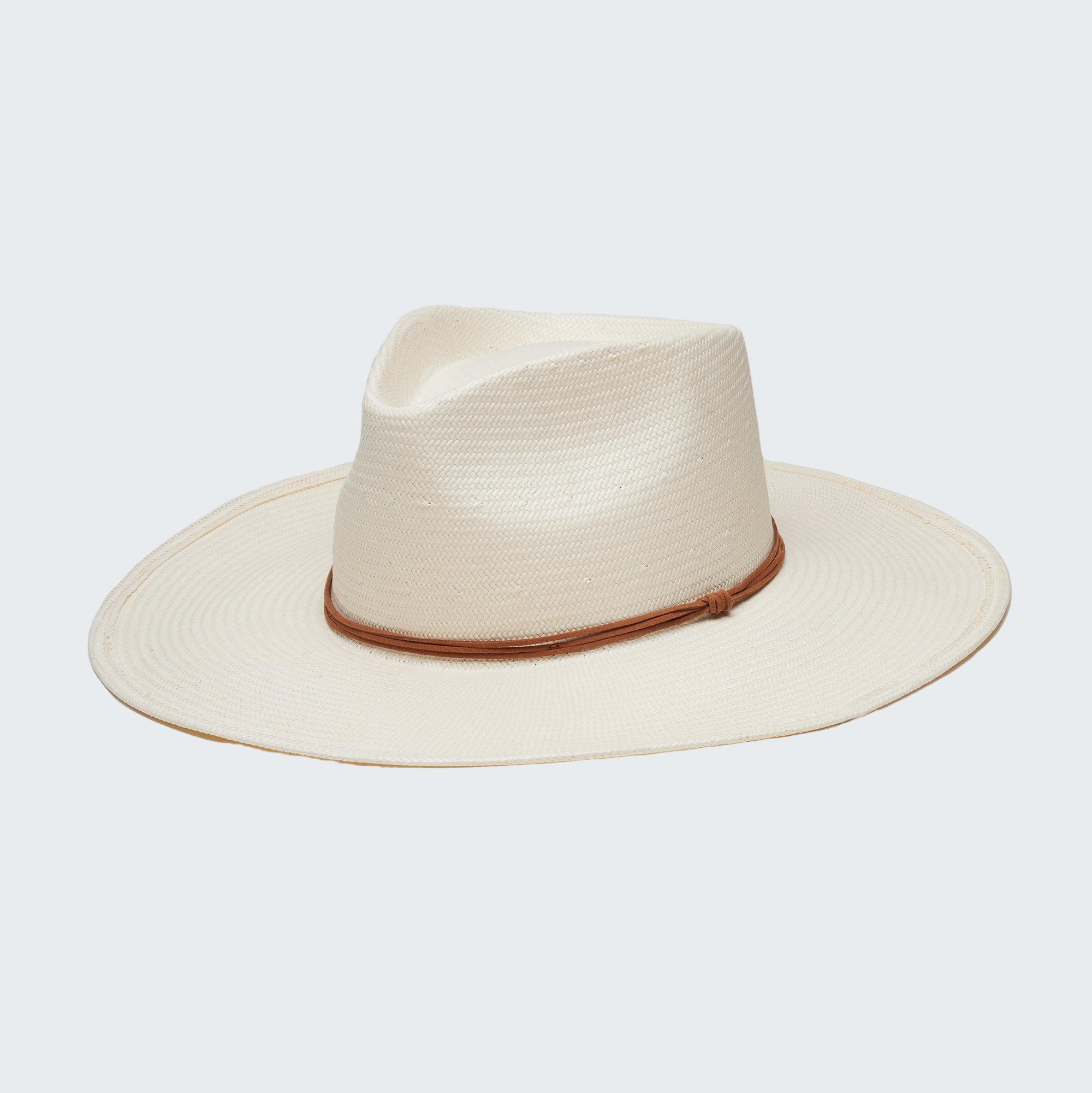 White straw hat with brown band on a white background