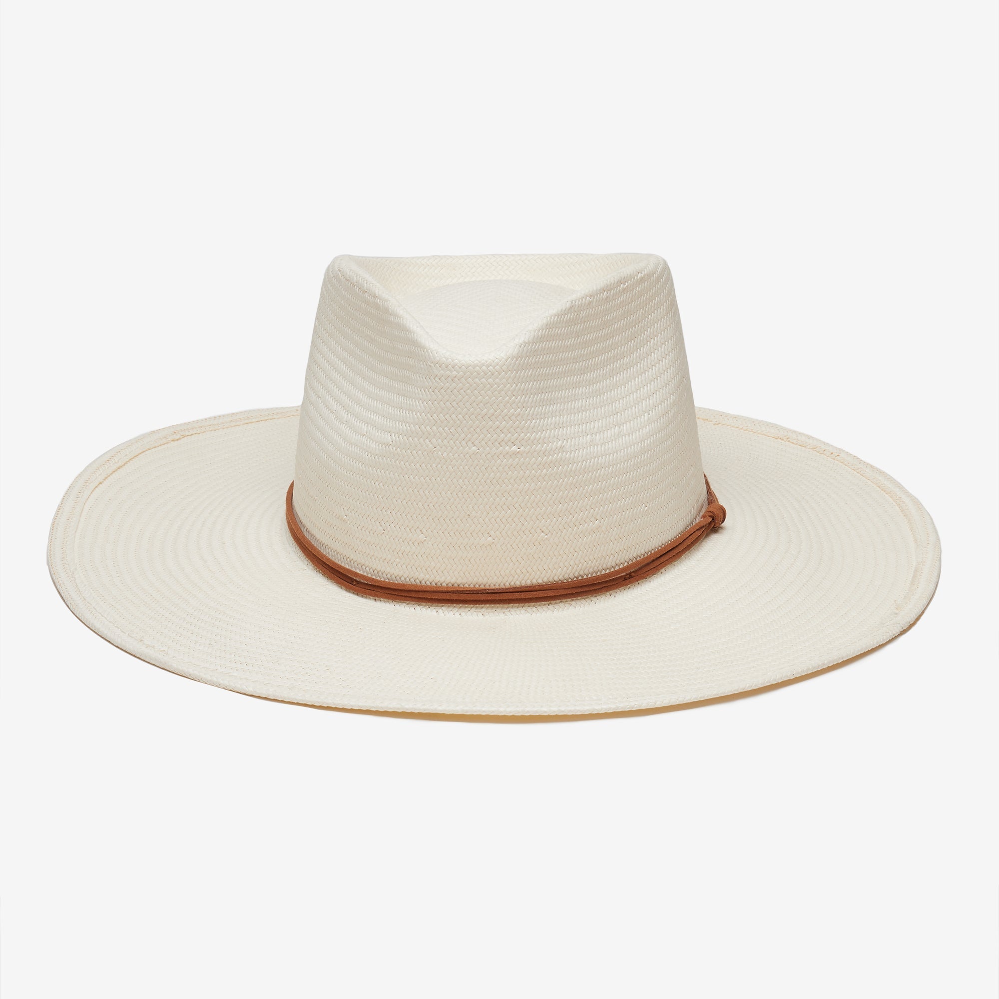 White straw hat with brown band on a white background
