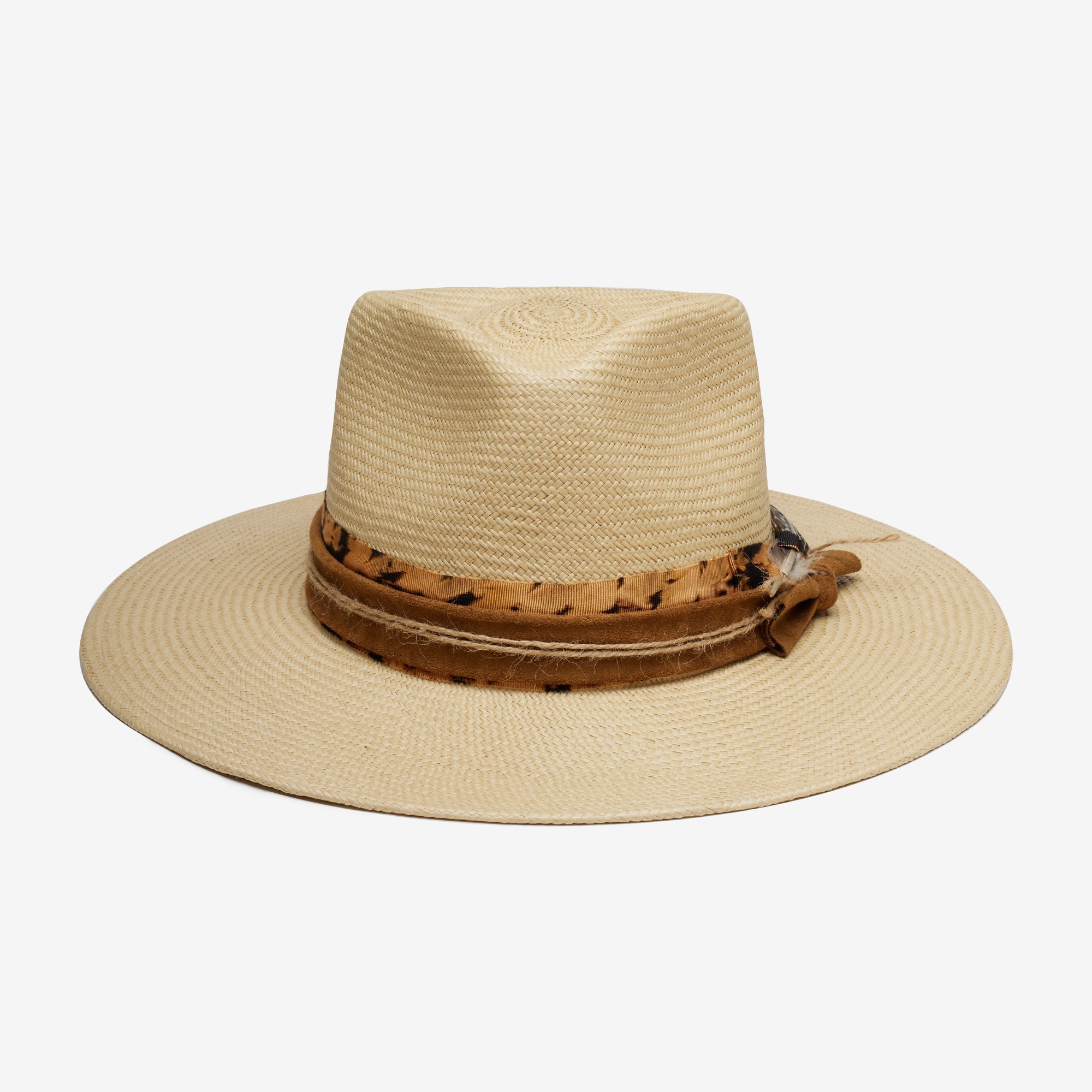 Beige straw hat with a brown band on a white background