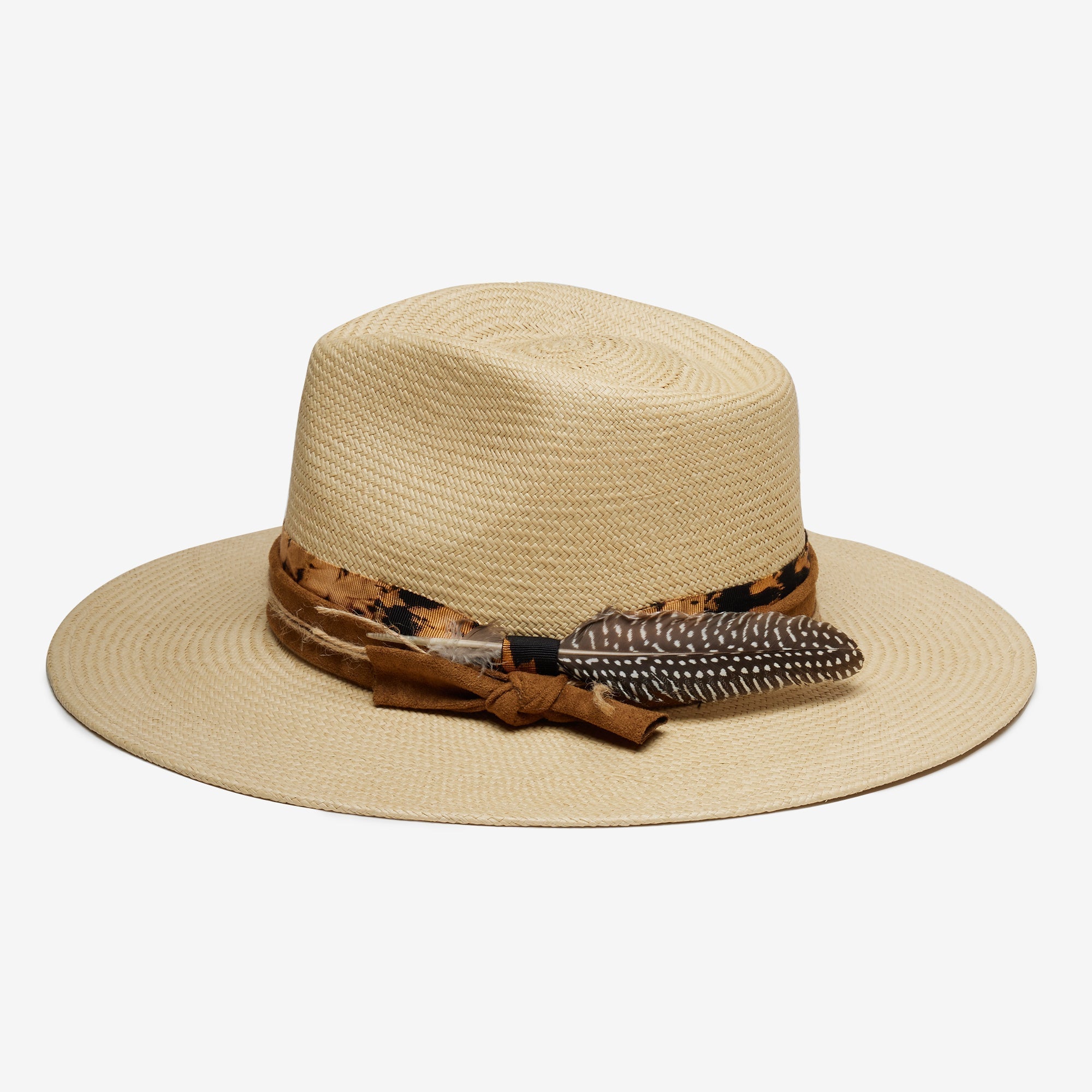 Beige straw hat with a decorative band featuring feathers on a white background