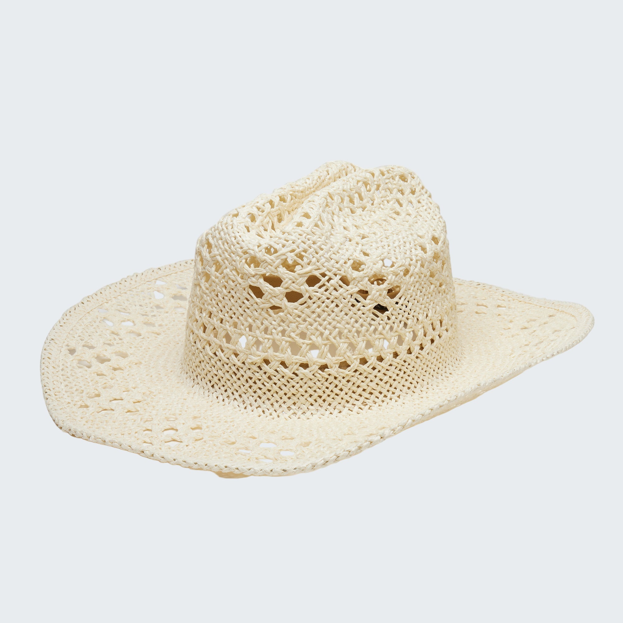 Beige straw hat with wide brim on a white background