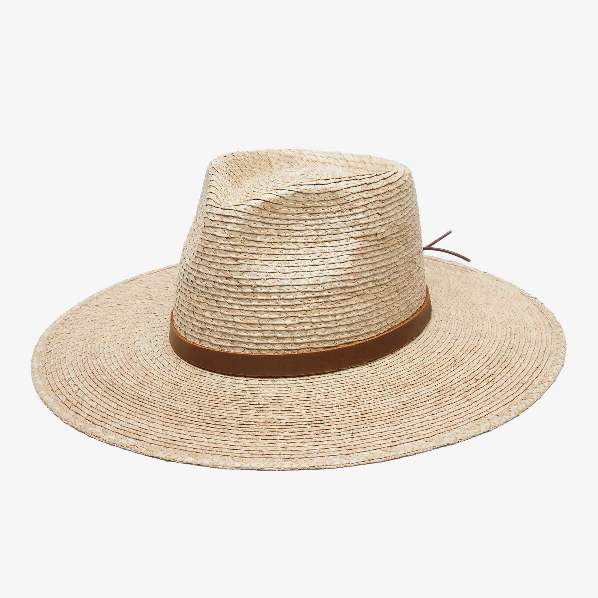 Beige straw hat with a brown band on a light gray background