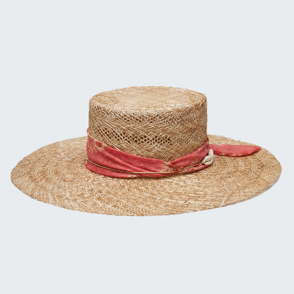 Straw hat with a red band on a white background