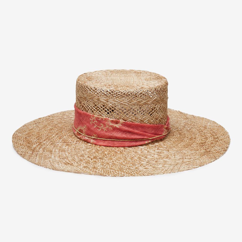 Straw hat with a red band on a white background