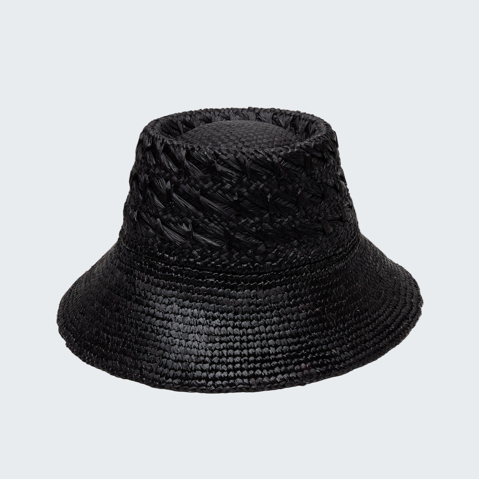 Black woven bucket hat on a white background