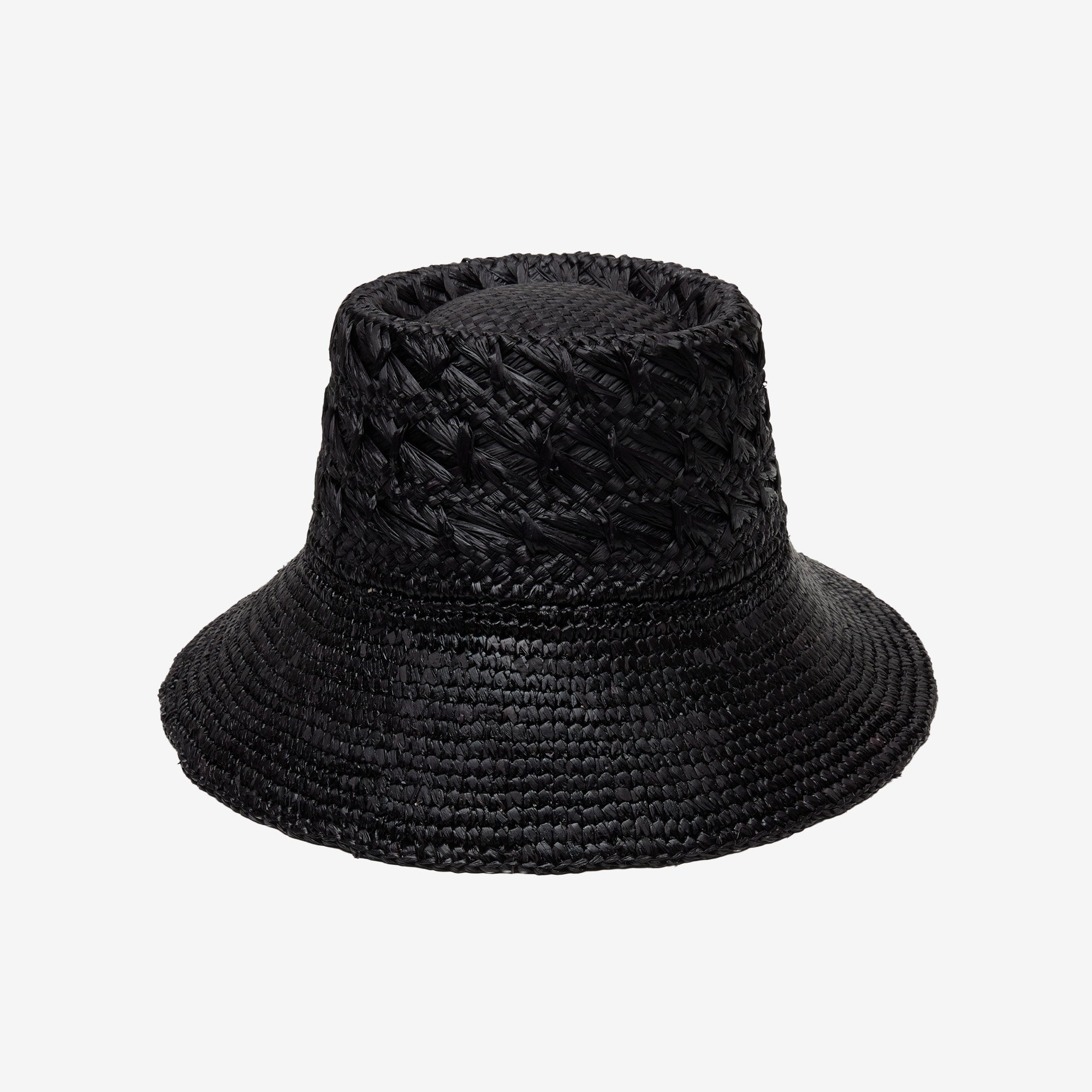 Black woven bucket hat on a white background
