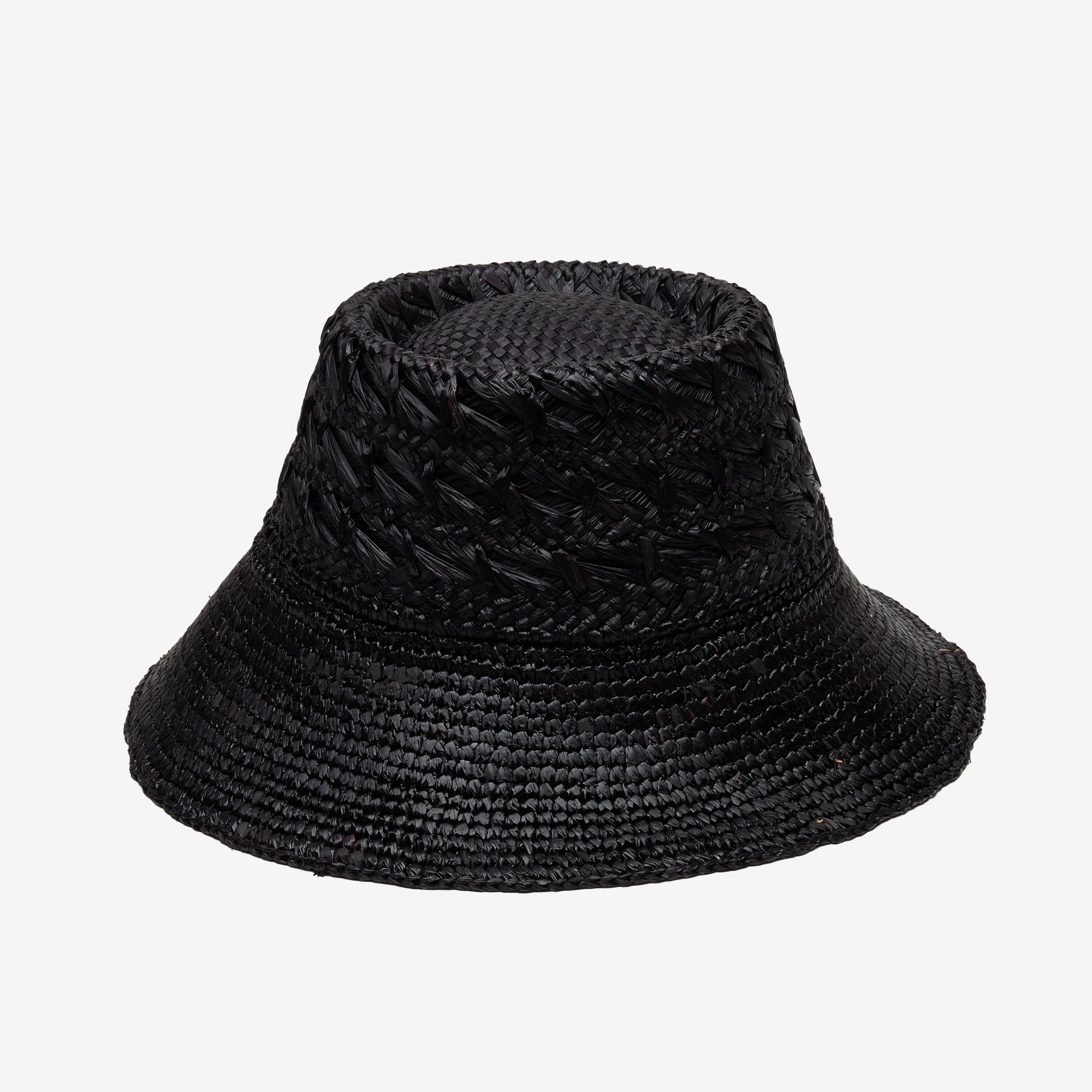 Black woven bucket hat on a light gray background