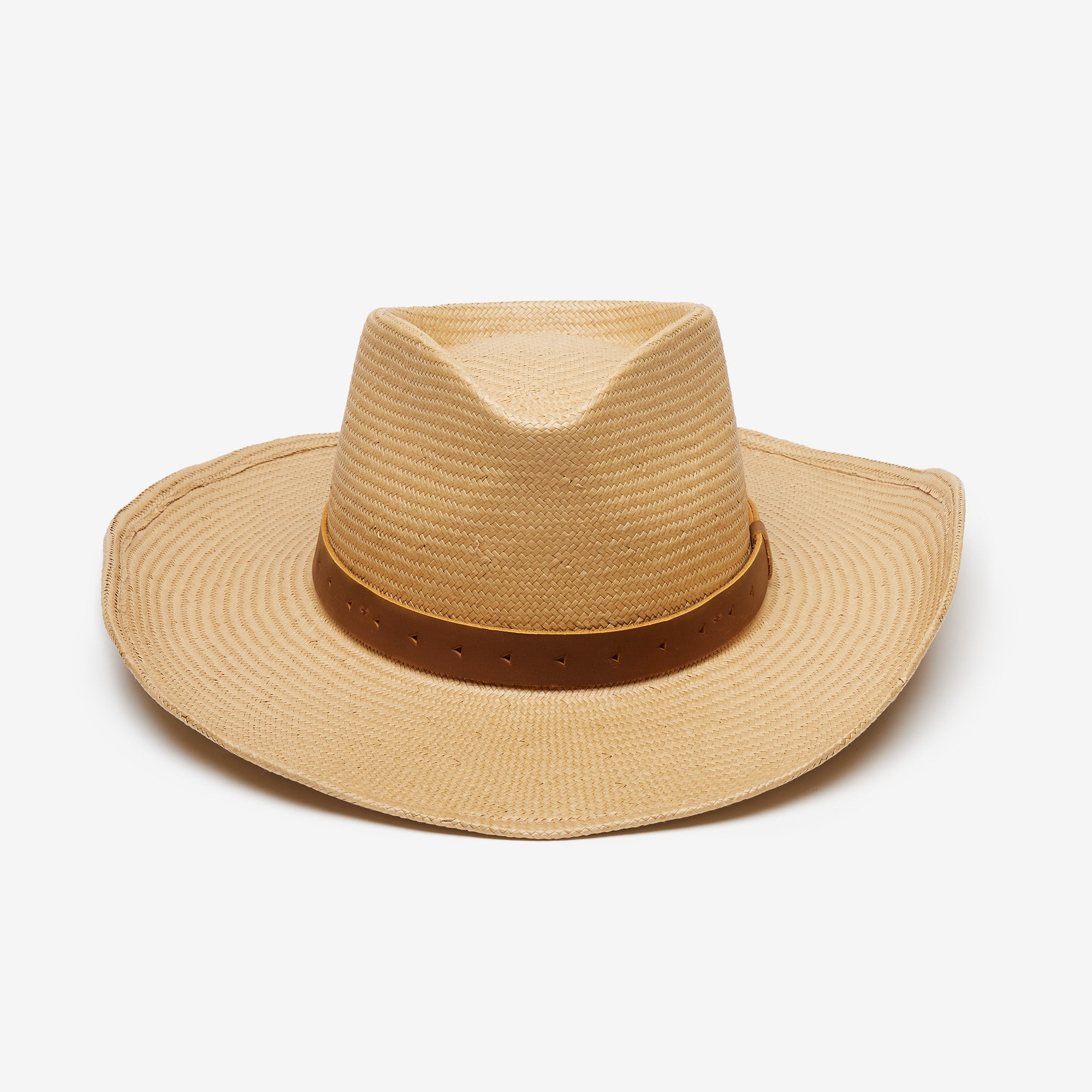 Beige straw hat with a brown band on a white background