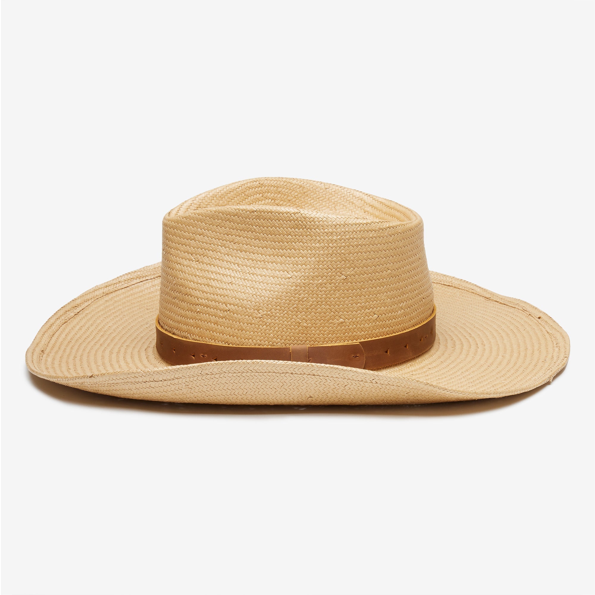 Beige straw hat with a brown band on a white background